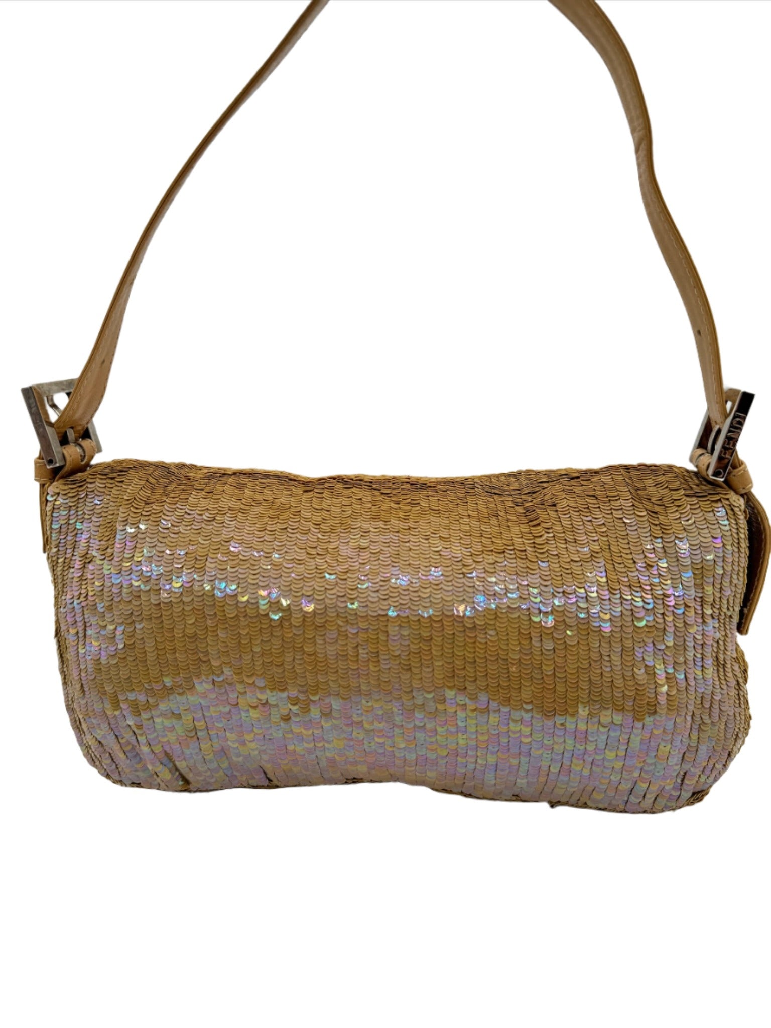 Fendi Nude Sequins Baguette with Light Brown Leather Strap and Silver Hardware