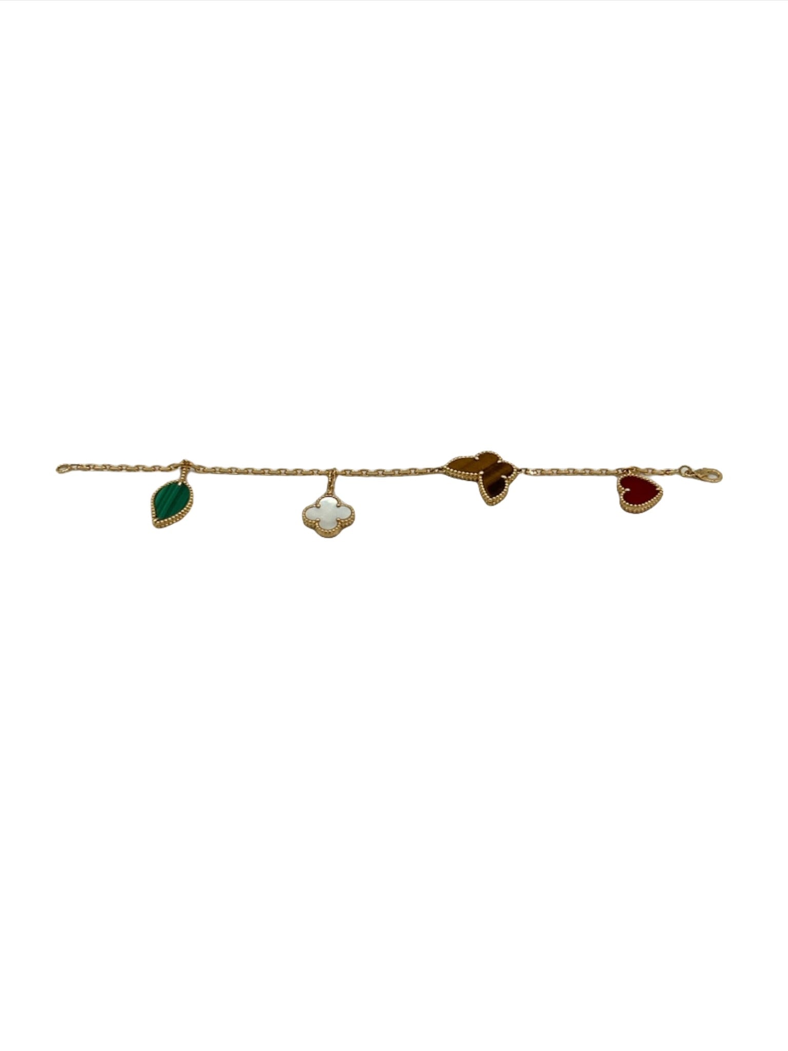 Van Cleef & Arpels 18K Yellow Gold Mother of Pearl Malachite Carnelian Tiger Eye 4 Motifs Lucky Alhambra Bracelet