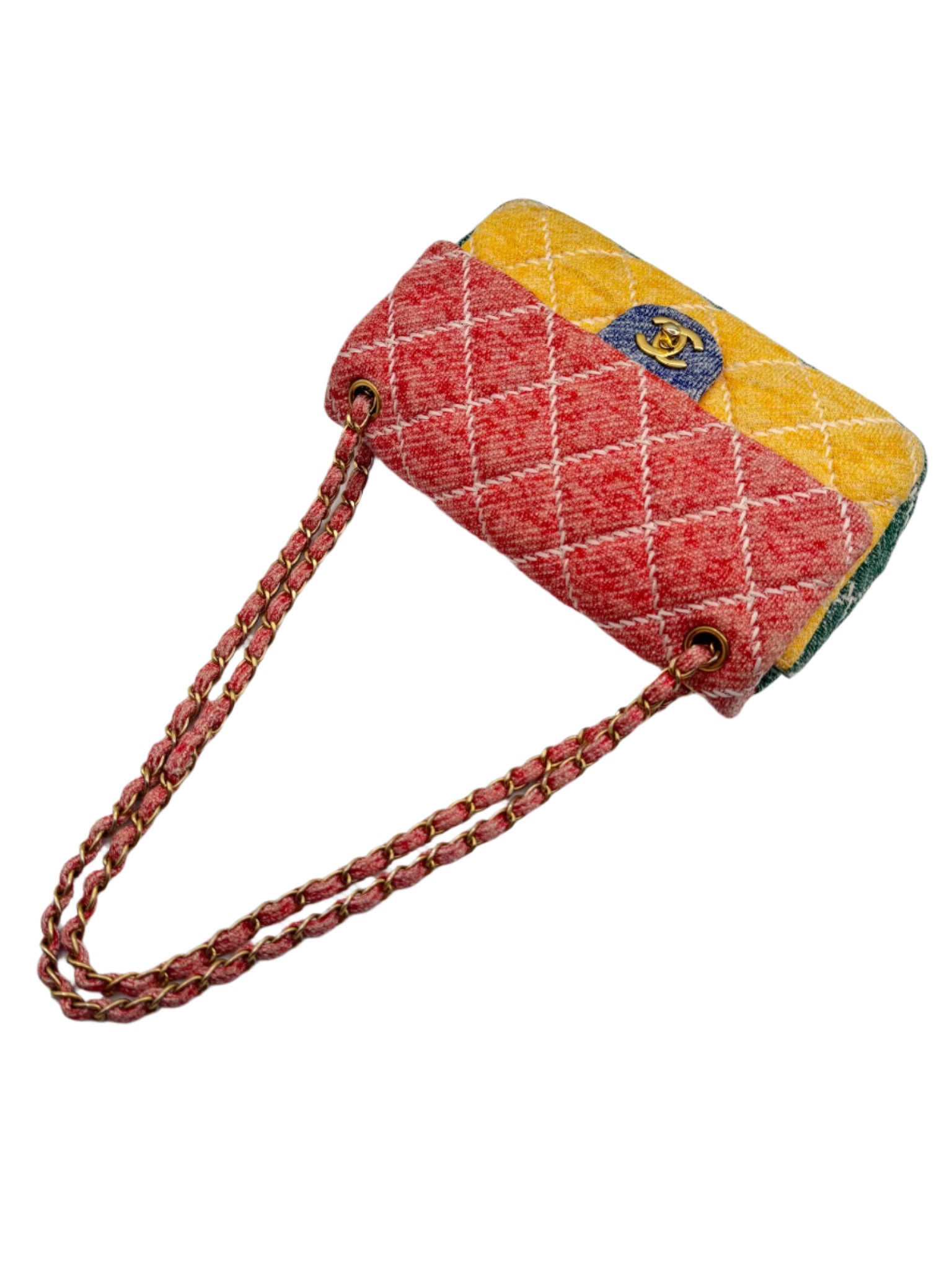 Chanel Color Block Quilted Jersey Fabric Medium Size Flapbag Gold Hardware