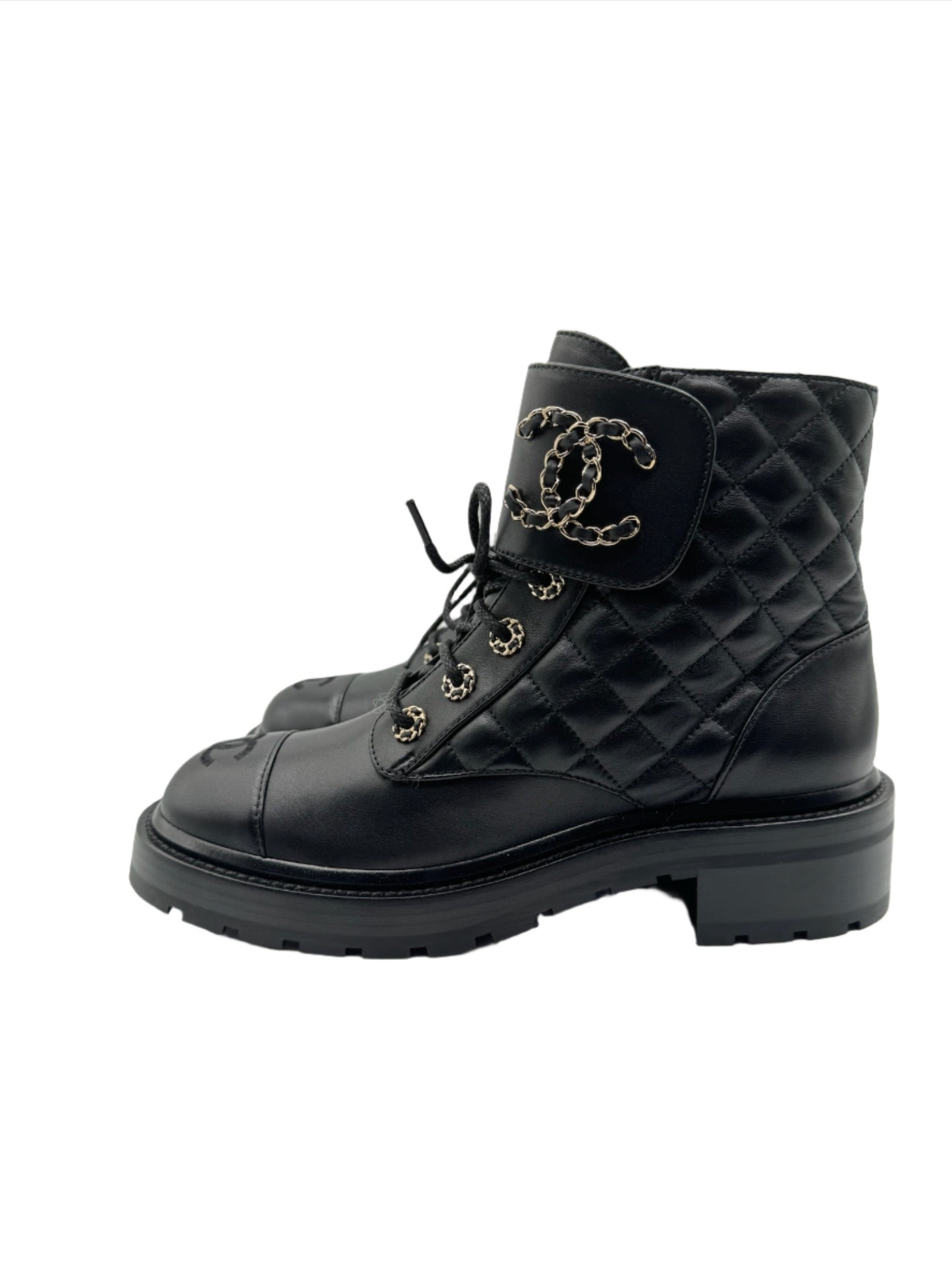 Chanel Quilted Black Leather Combat Boots