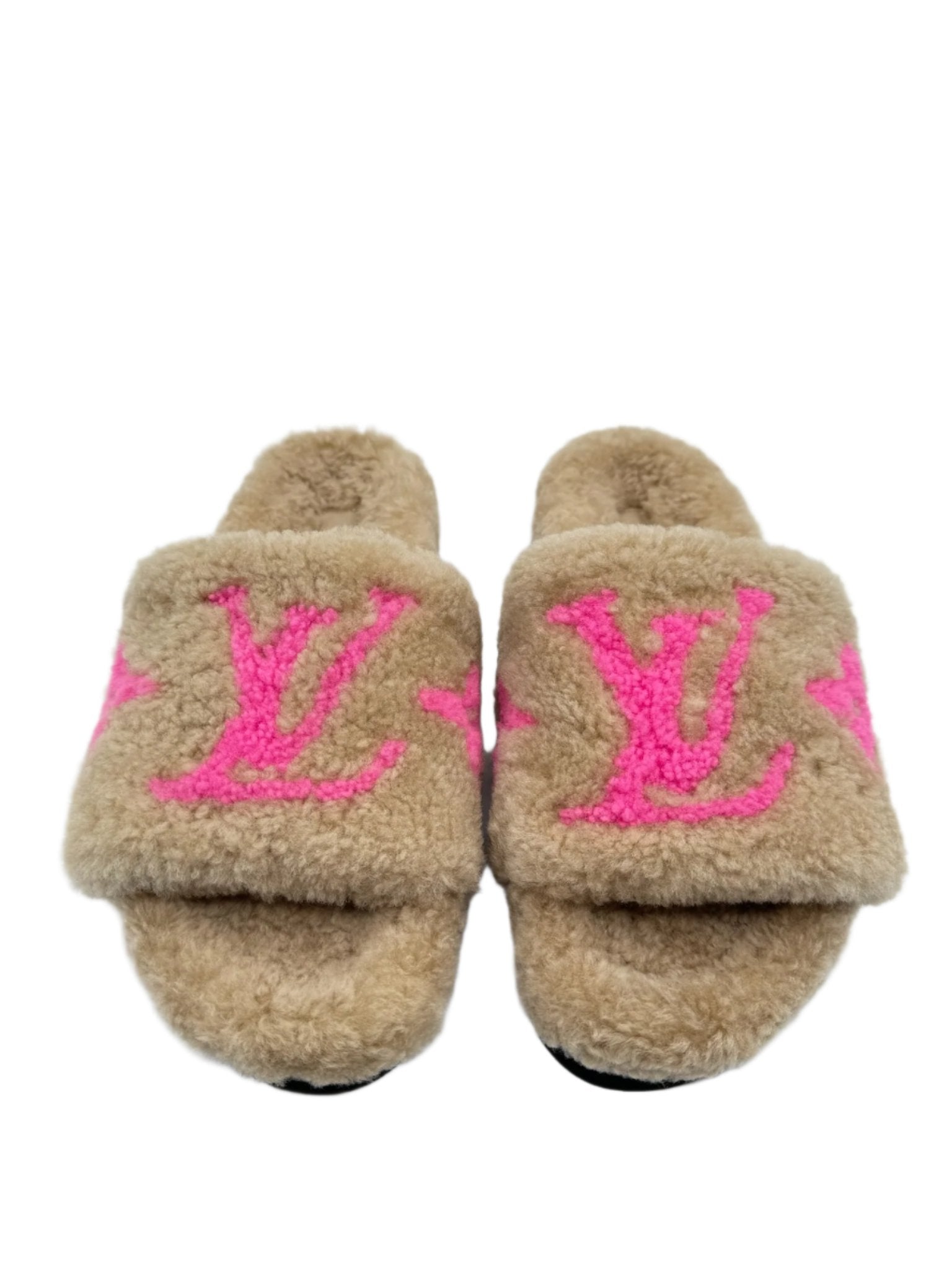 Louis Vuitton Shearling Cream and Pink LV Logo Slides Slippers - Size FR 37.5