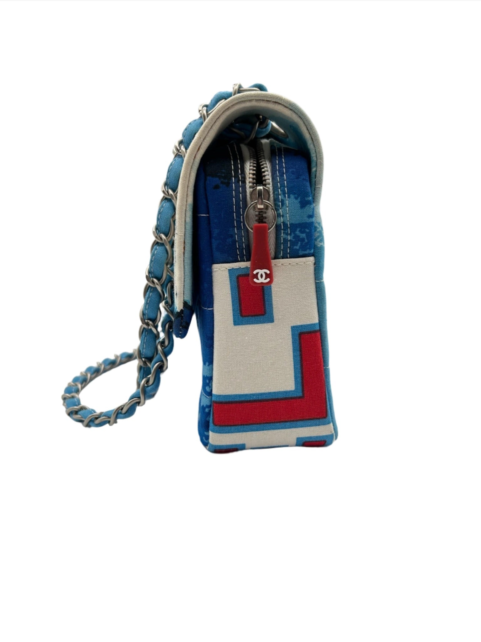 Chanel Blue with White Wave Canvas Flapbag with Red CC and Silver Hardware