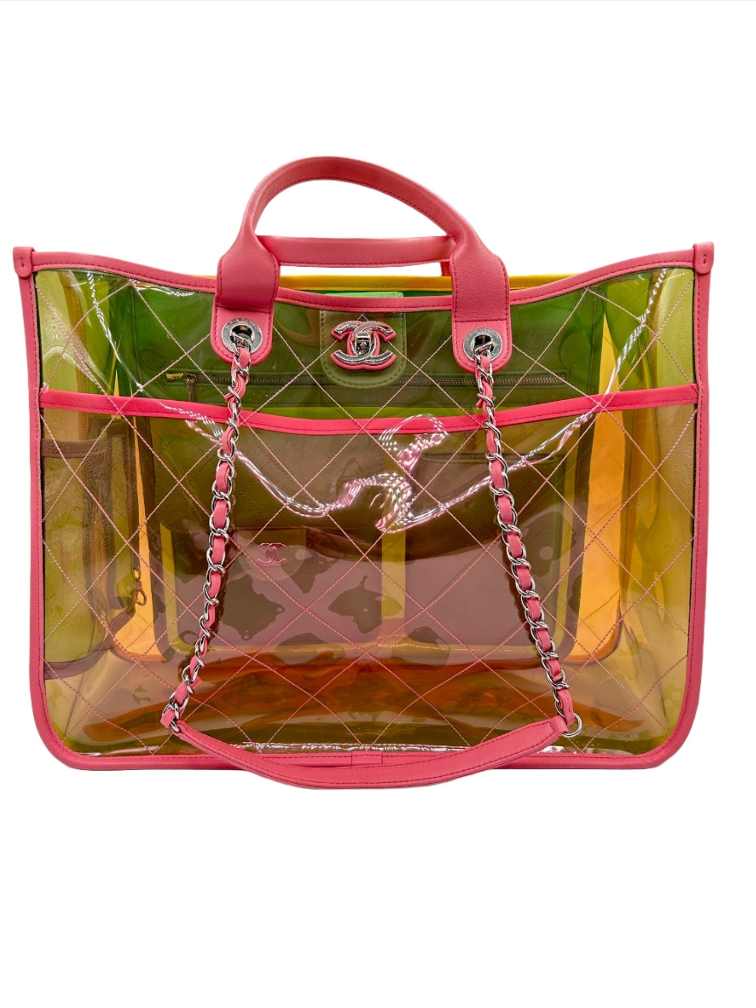 Chanel Coco Splash Yellow, Pink and Green Colorful PVC Transparent Medium Size Tote Bag with Lambskin Leather and Silver Hardware