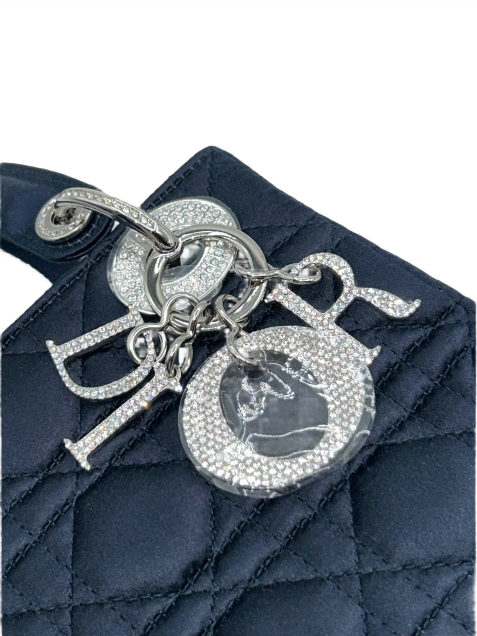 Dior Limited Edition Exclusive Princess Diana Lady Dior Blue Satin Bag with Dior Crystalized Charms and Detachable Strap