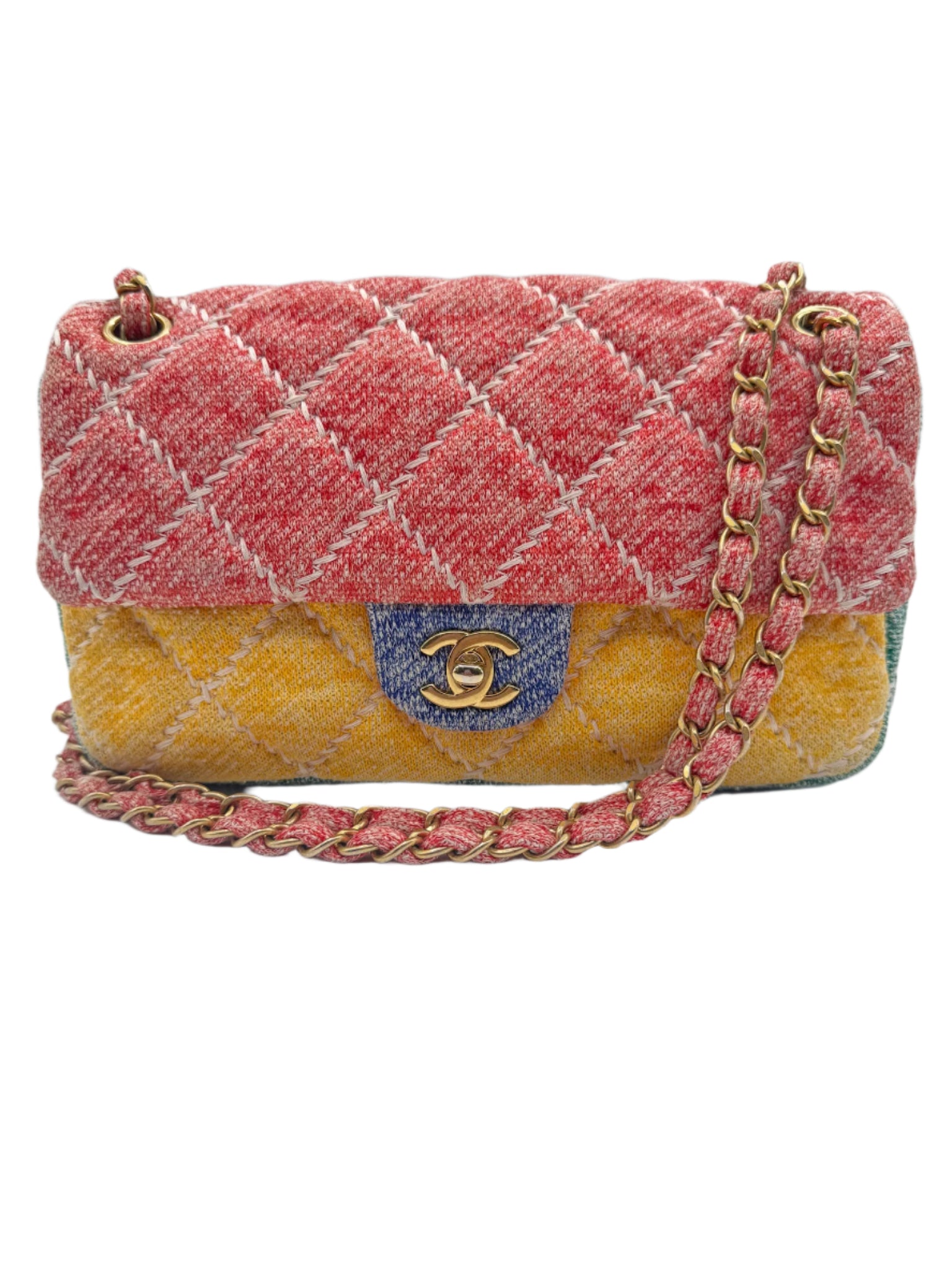 Chanel Color Block Quilted Jersey Fabric Medium Size Flapbag Gold Hardware
