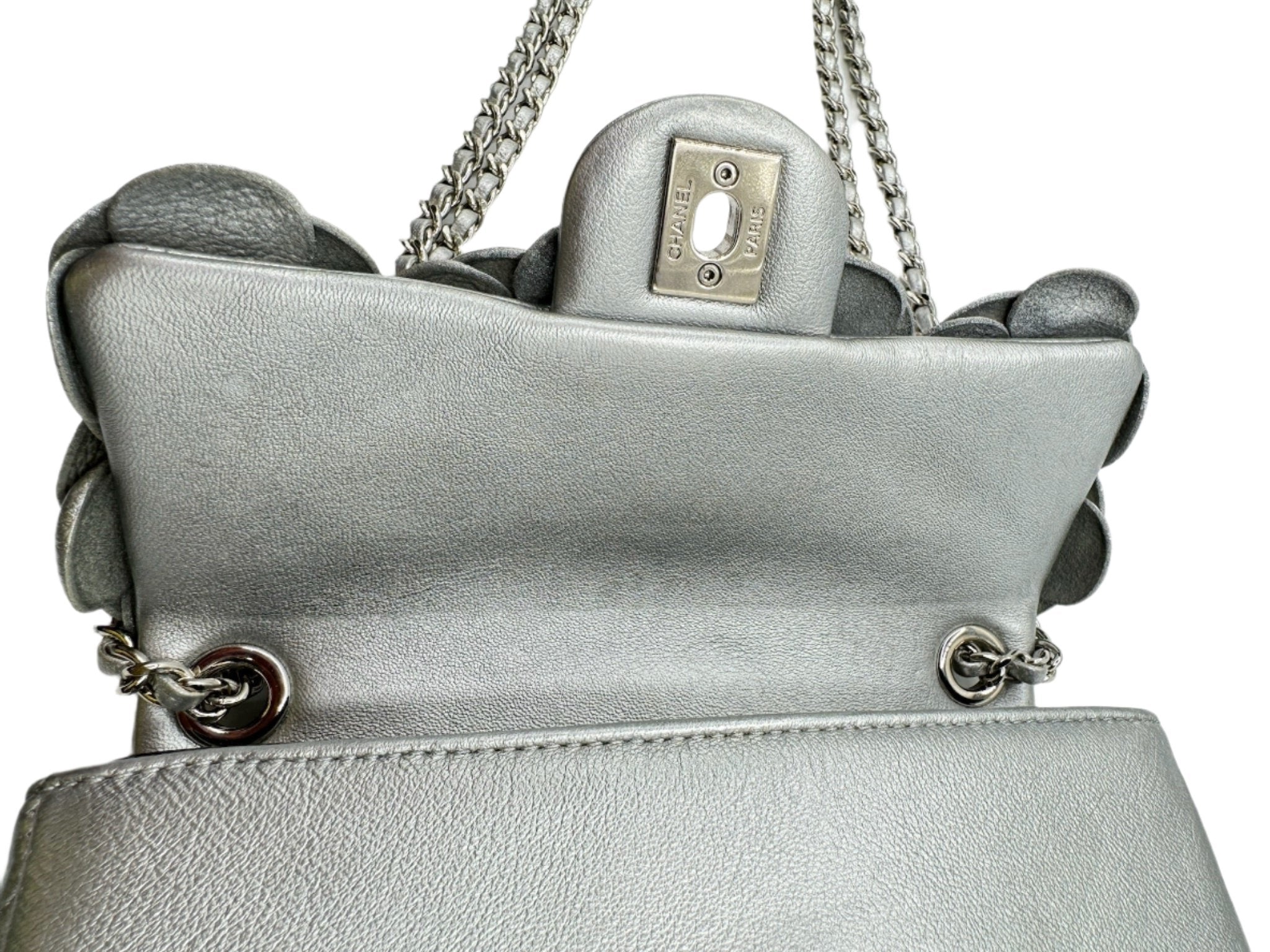 Chanel Silver Camellia Mini Flapbag