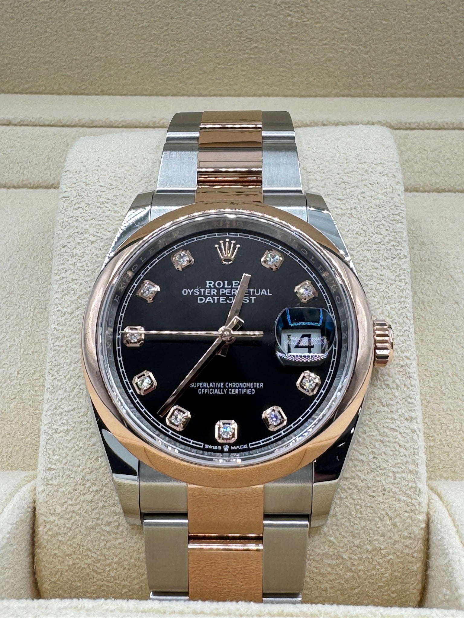 Rolex 36MM Datejust Everose Gold and Steel Black Dial with Diamonds