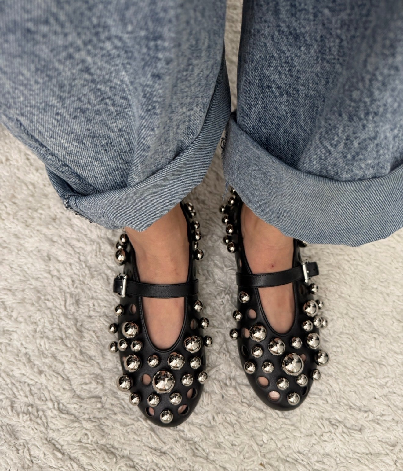 Alaïa Black Leather Silver Balls Ballet Flats