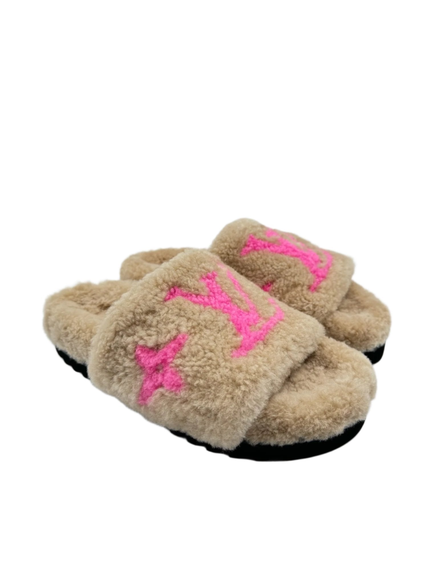 Louis Vuitton Shearling Cream and Pink LV Logo Slides Slippers - Size FR 37.5
