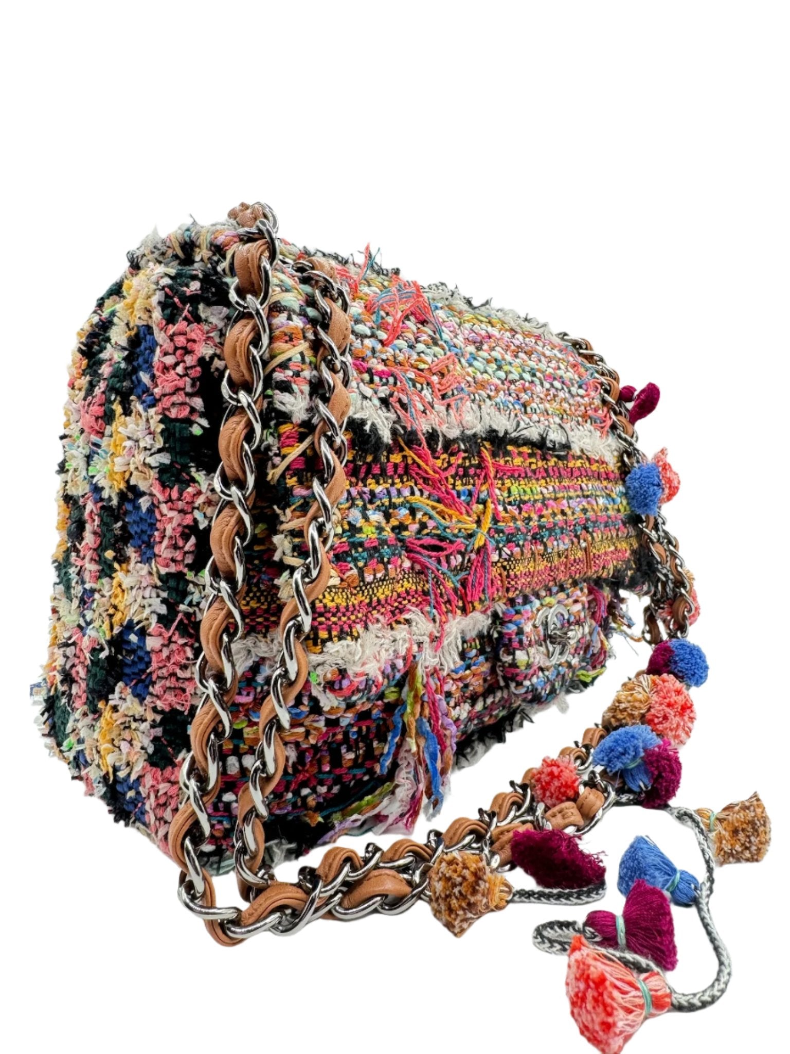 Chanel Multicolor Colorful Quilted Tweed Paris-Dubai Pom-Pom Embellished Large Flapbag with Ruthenium Hardware