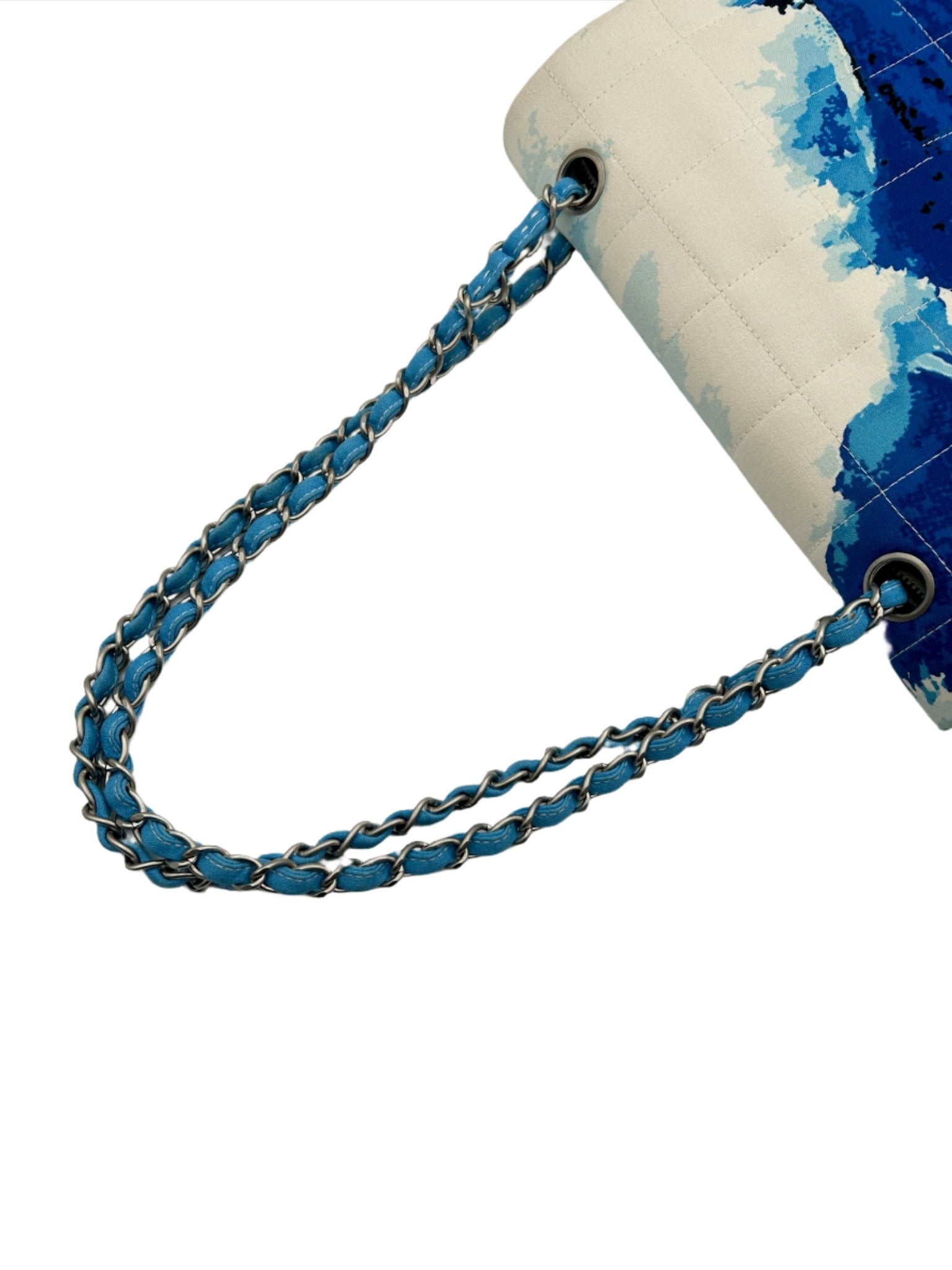 Chanel Blue with White Wave Canvas Flapbag with Red CC and Silver Hardware