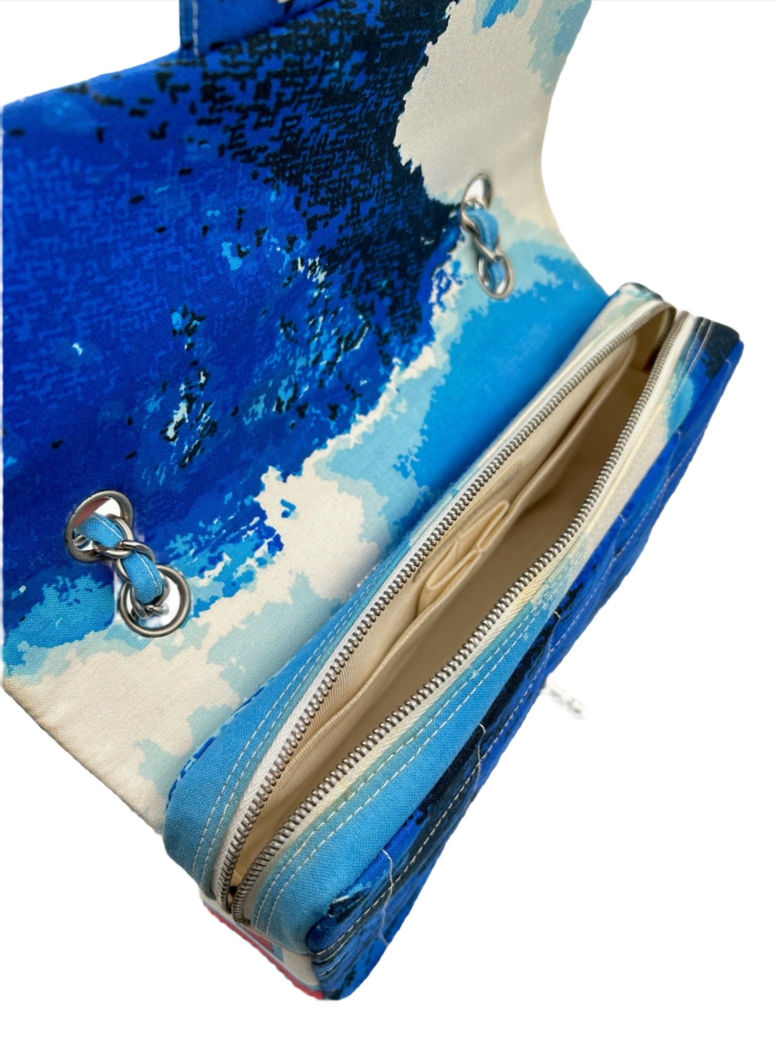 Chanel Blue with White Wave Canvas Flapbag with Red CC and Silver Hardware