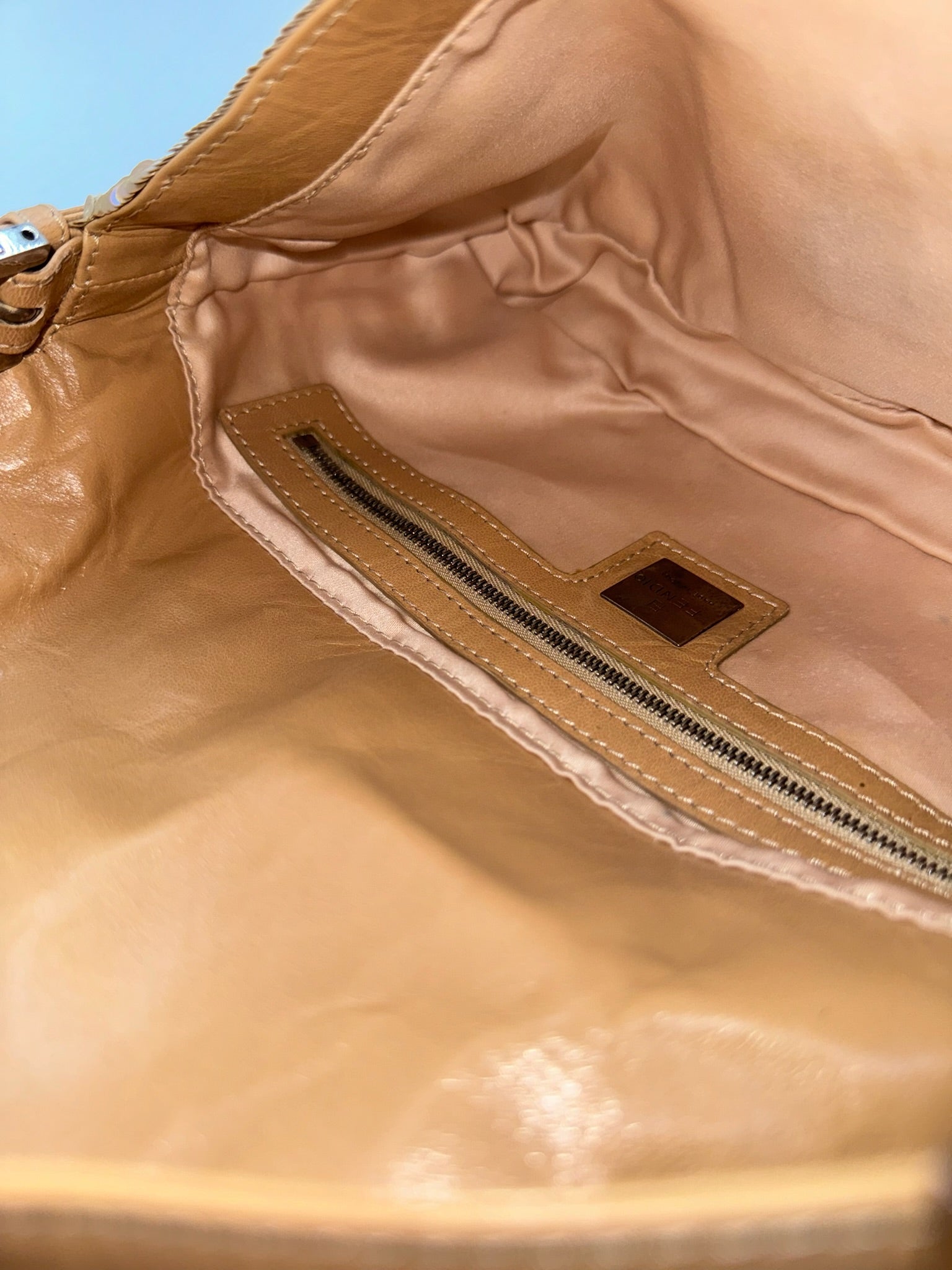 Fendi Nude Sequins Baguette with Light Brown Leather Strap and Silver Hardware