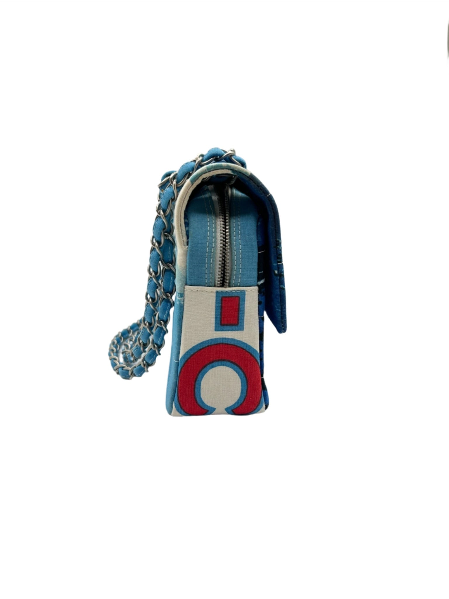 Chanel Blue with White Wave Canvas Flapbag with Red CC and Silver Hardware