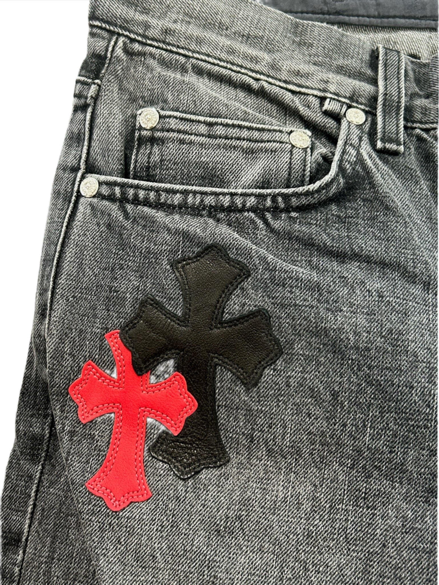 Chrome Hearts Black Jeans Red and Black Cross Leather Patches