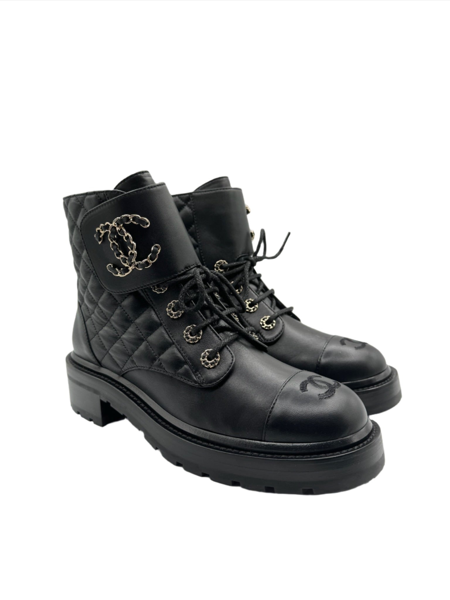 Chanel Quilted Black Leather Combat Boots