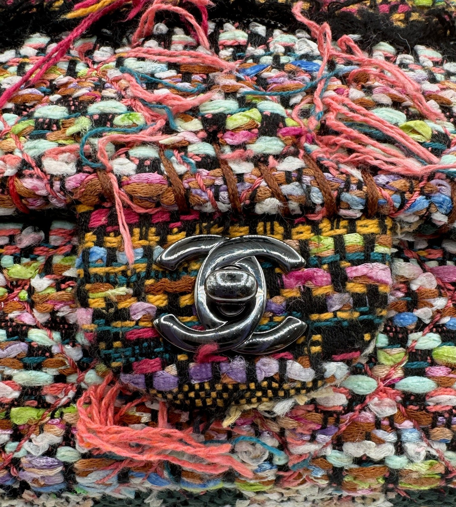 Chanel Multicolor Tweed Pom Pom Medium FlapBag