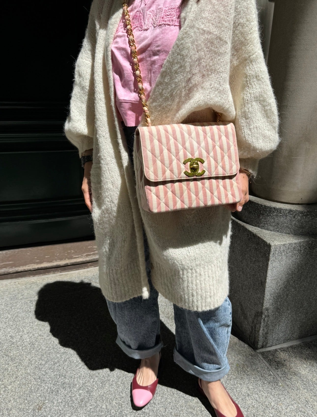 CHANEL 1990s Vintage Pink and White Stripe Flapbag