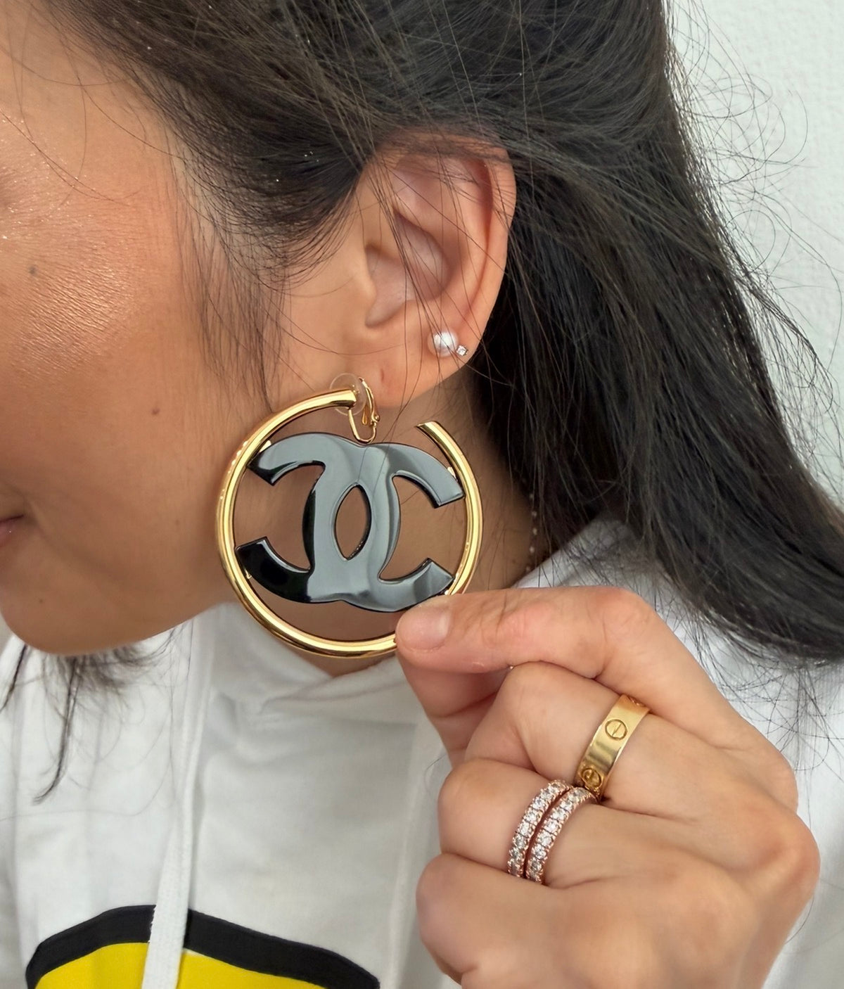 CHANEL Big Black CC Clip On Gold Hoop Earrings