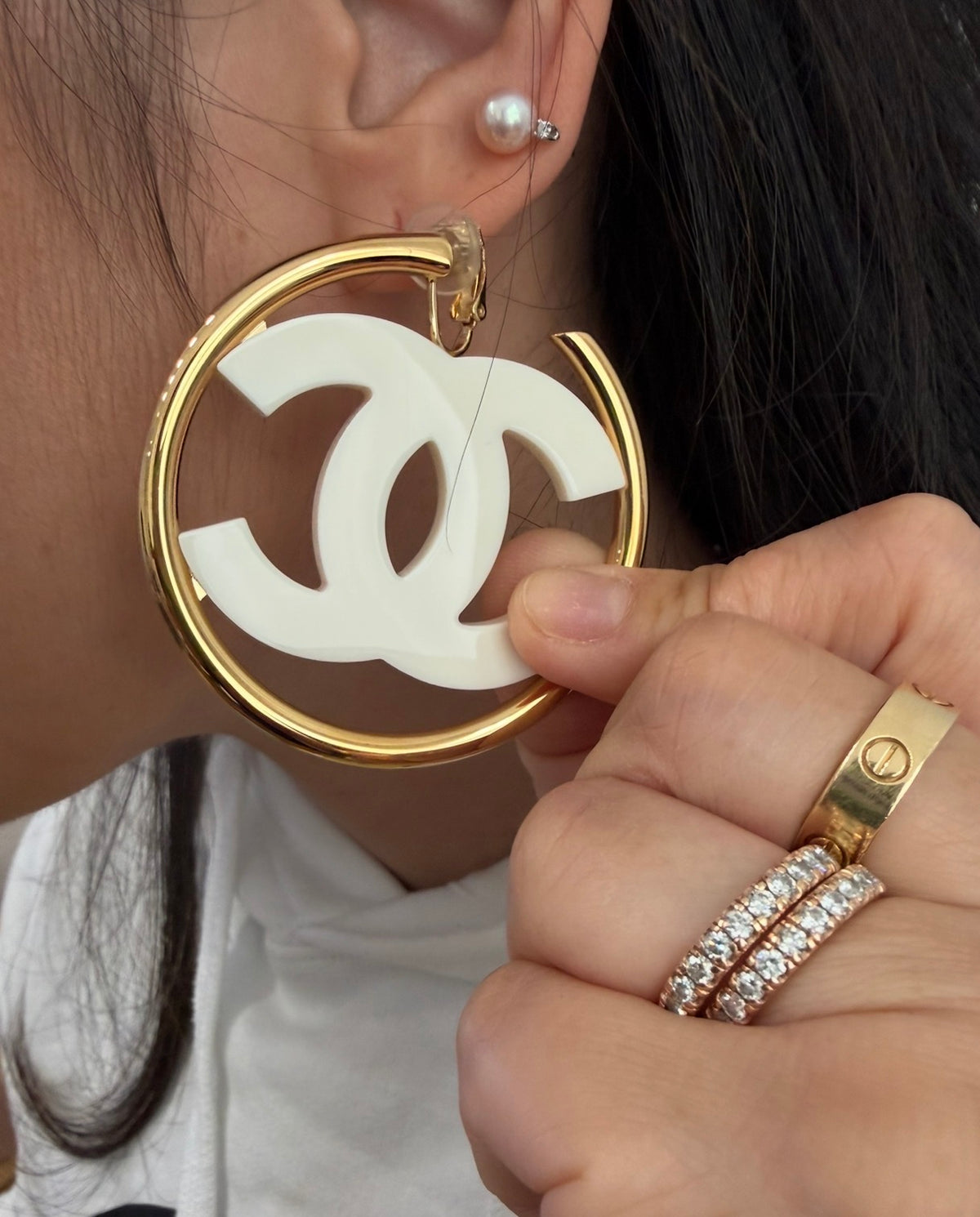 CHANEL Big White CC Clip On Gold Hoop Earrings