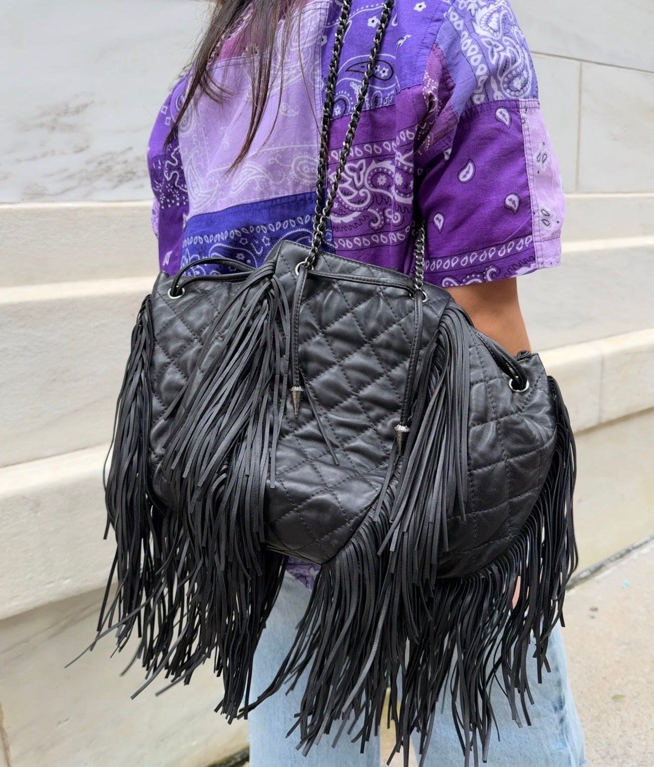Chanel 2014 Vintage Paris Dallas Black Leather Fringe Bag
