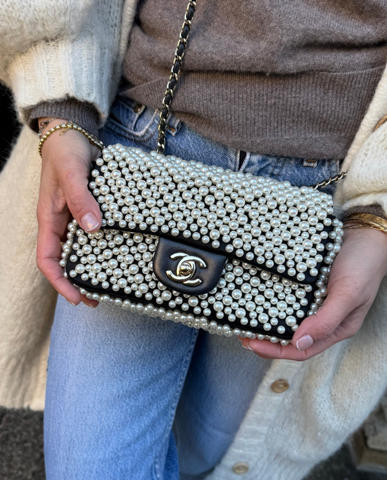Chanel 2019SS Black with White Pearls Mini Classic Flapbag