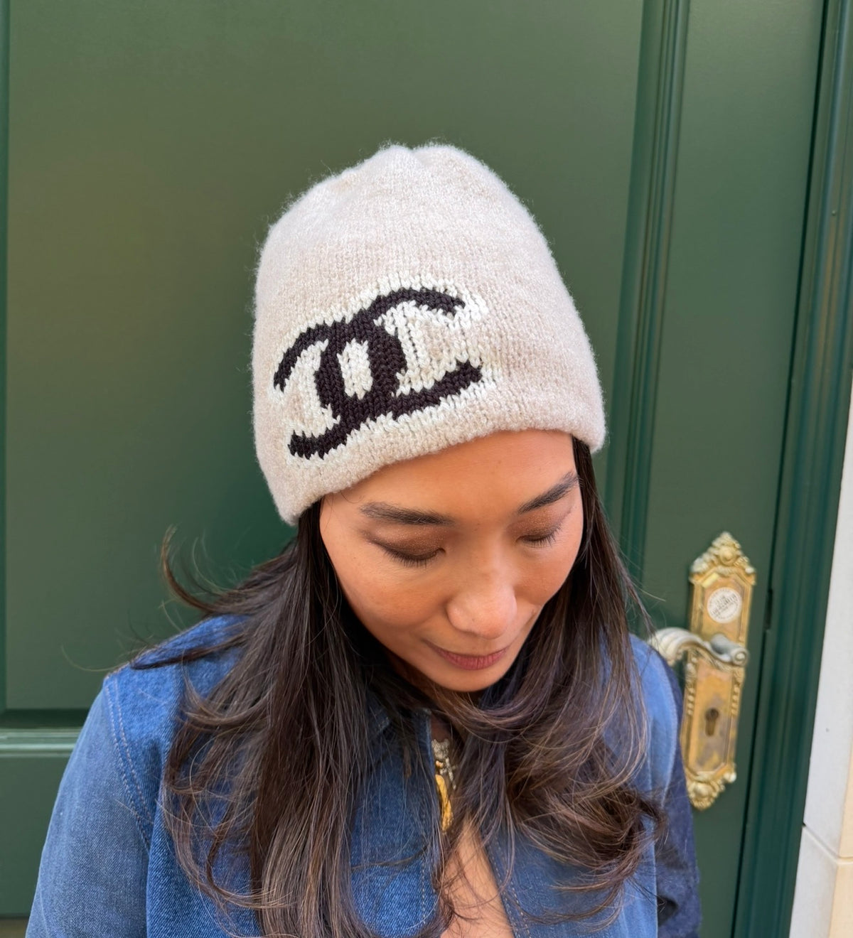Chanel Beige Beanie with Black CC Logo