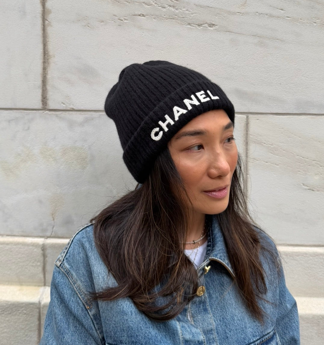 Chanel Black Beanie with White Chanel Sequins Logo