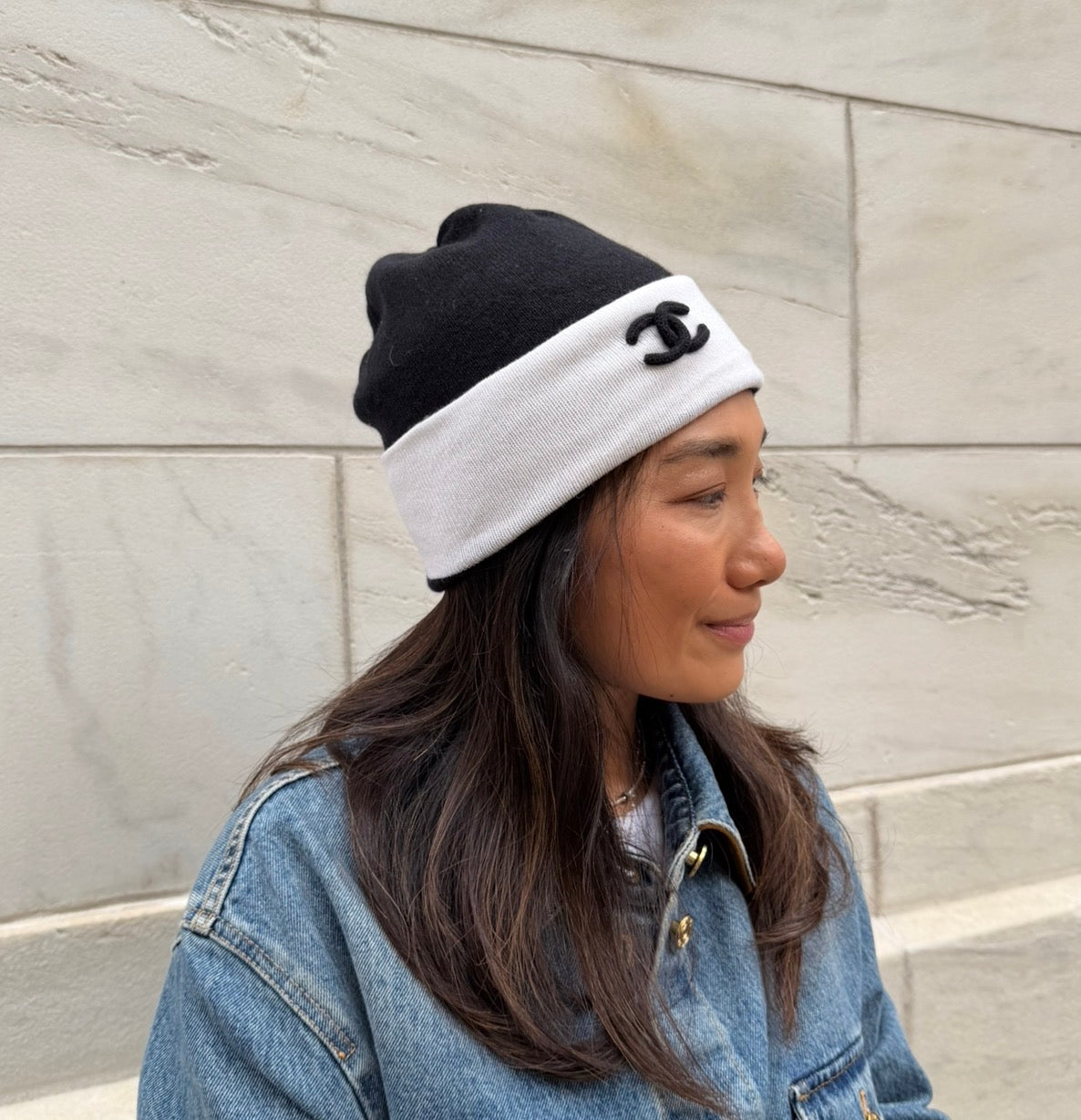 Chanel Black with White Beanie Black CC Logo