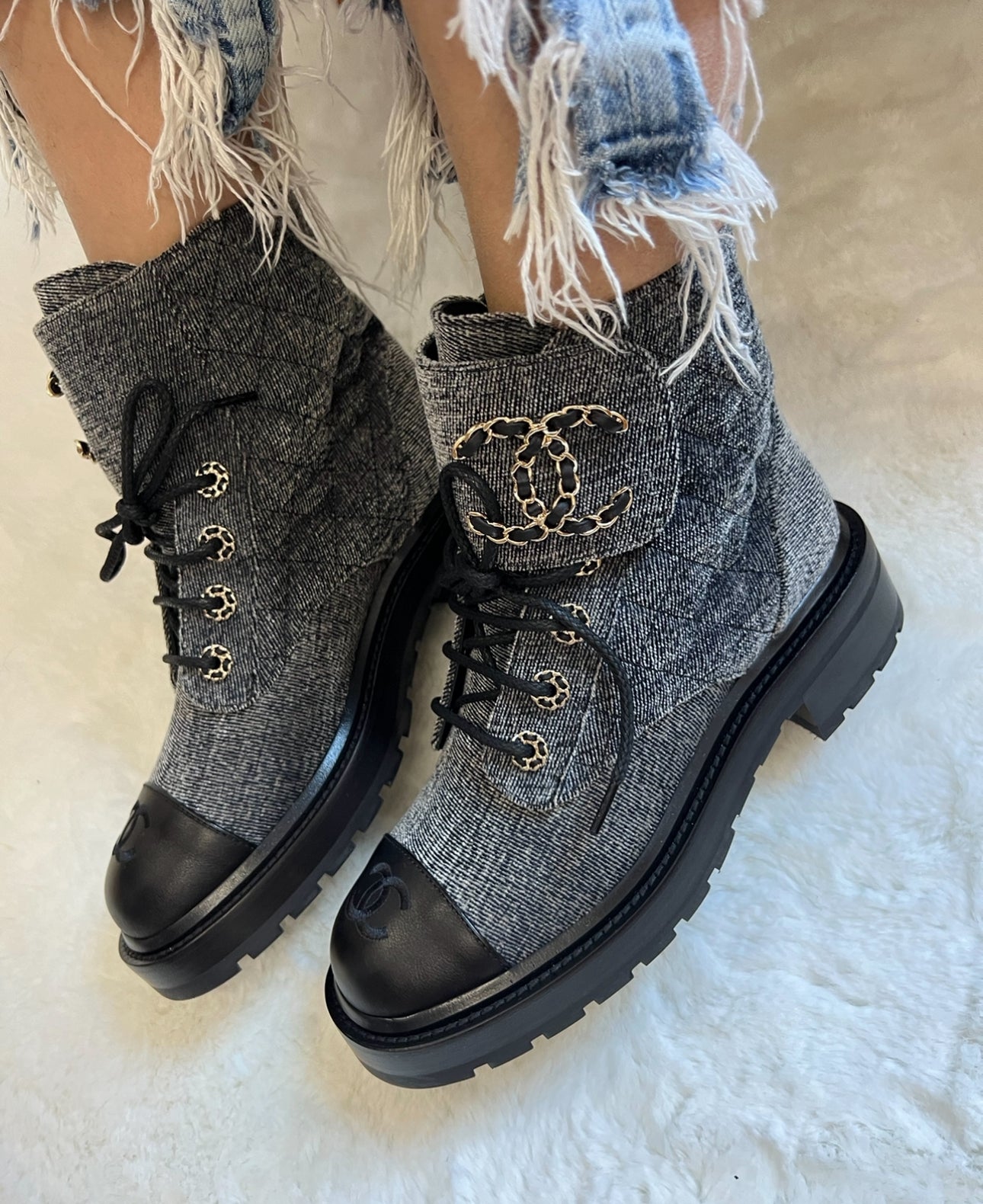 Chanel Denim Combat Boots