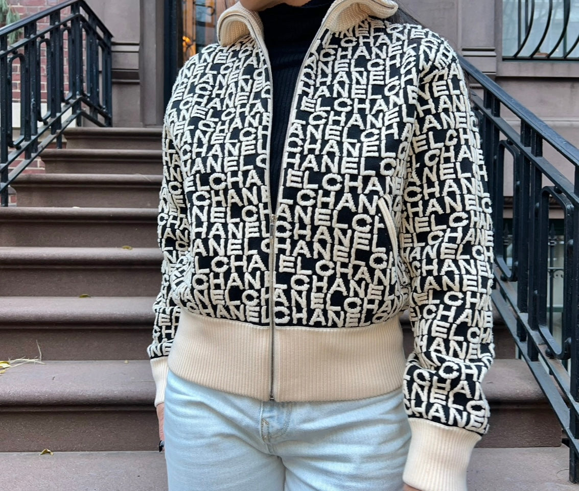 Chanel Logo Black and White Zipper Sweater