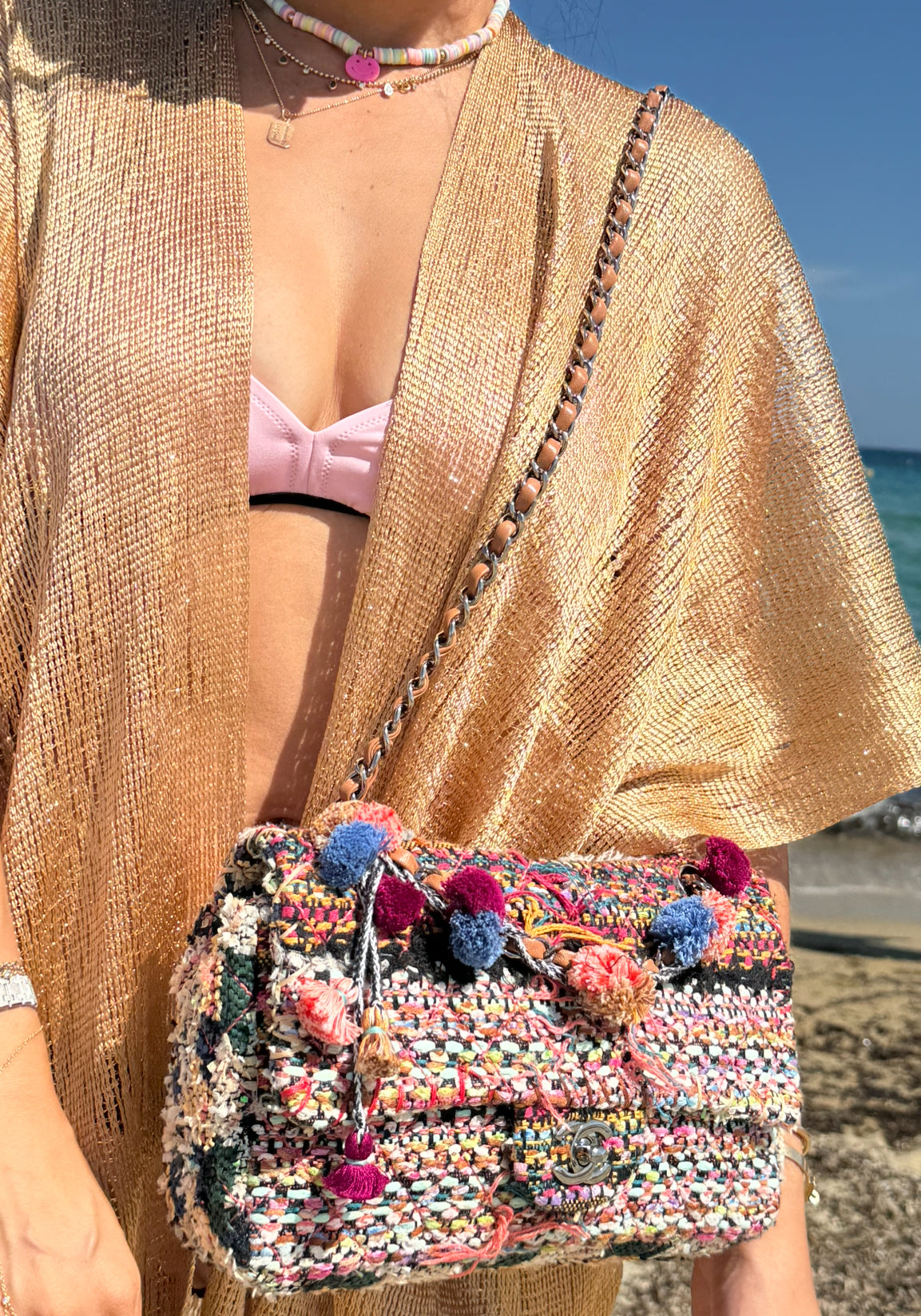Chanel Multicolor Tweed Pom Pom Medium FlapBag