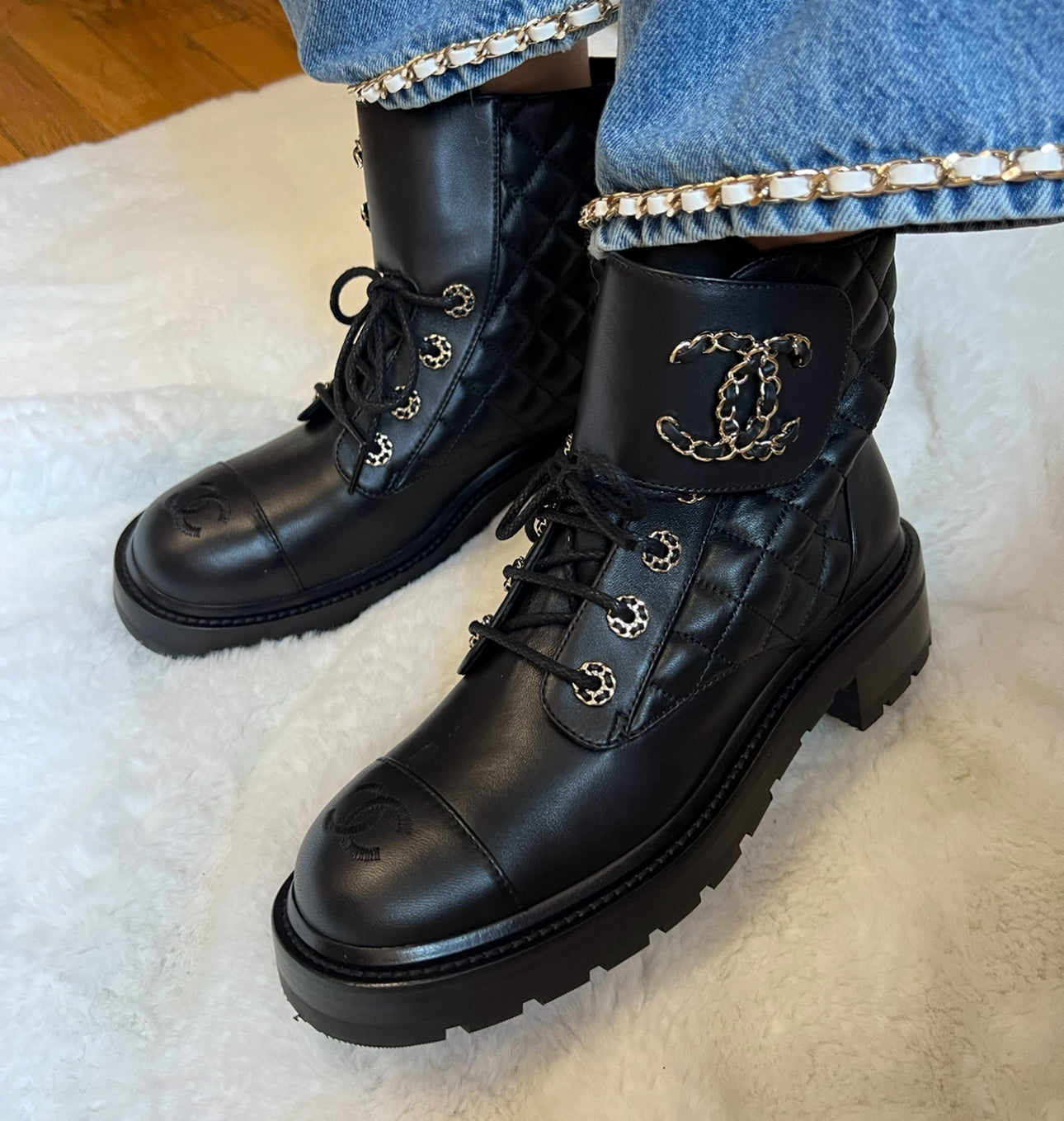 Chanel Quilted Black Leather Combat Boots