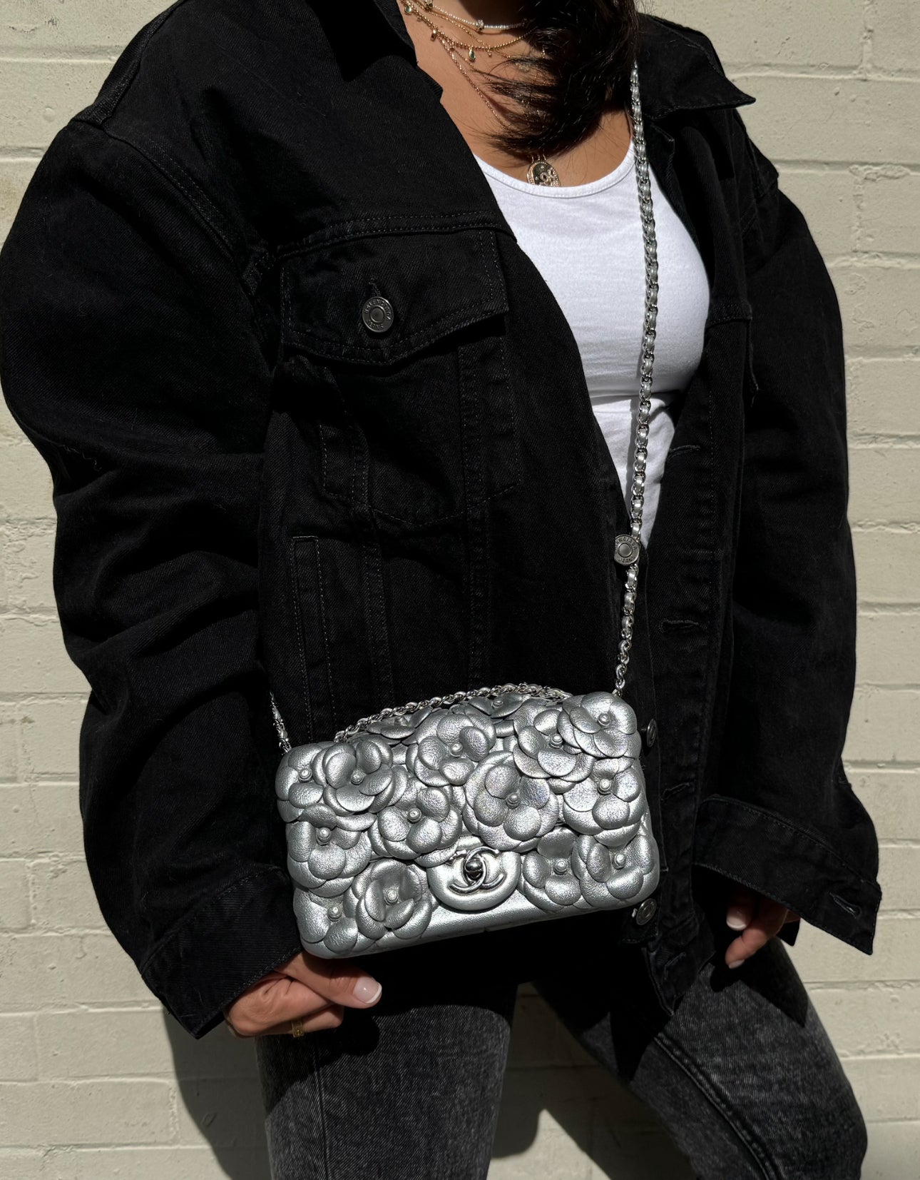 Chanel Silver Camellia Mini Flapbag