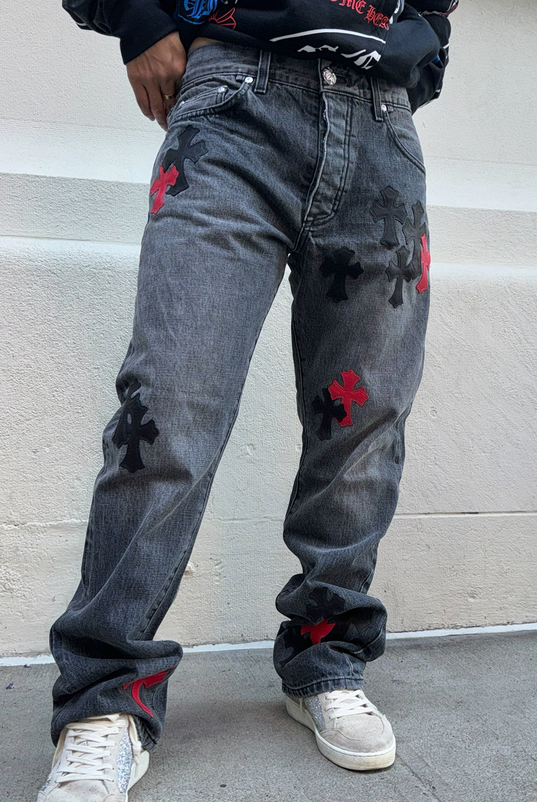 Chrome Hearts Black Jeans Red and Black Cross Leather Patches