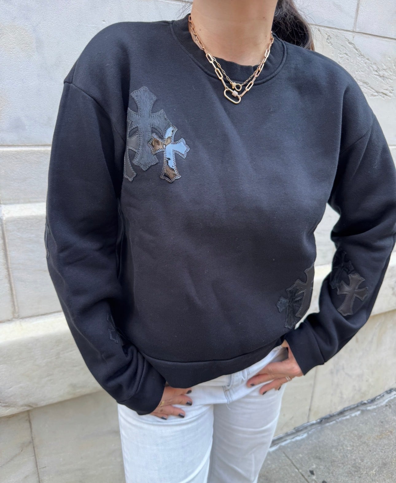 Chrome Hearts Black Sweater Black Leather and Ponyhair Cross Patches
