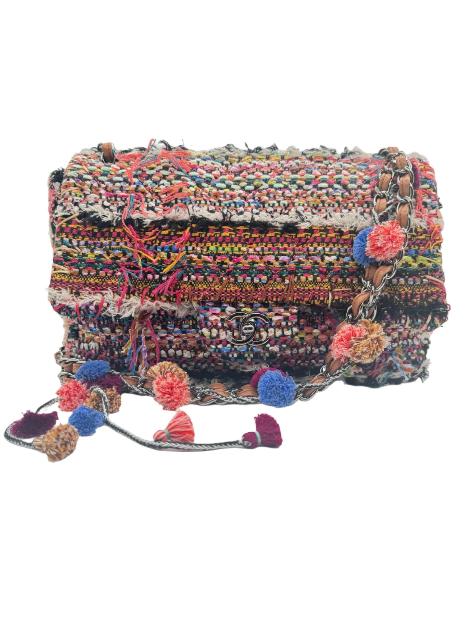 Chanel Multicolor Colorful Quilted Tweed Paris-Dubai Pom-Pom Embellished Large Flapbag with Ruthenium Hardware
