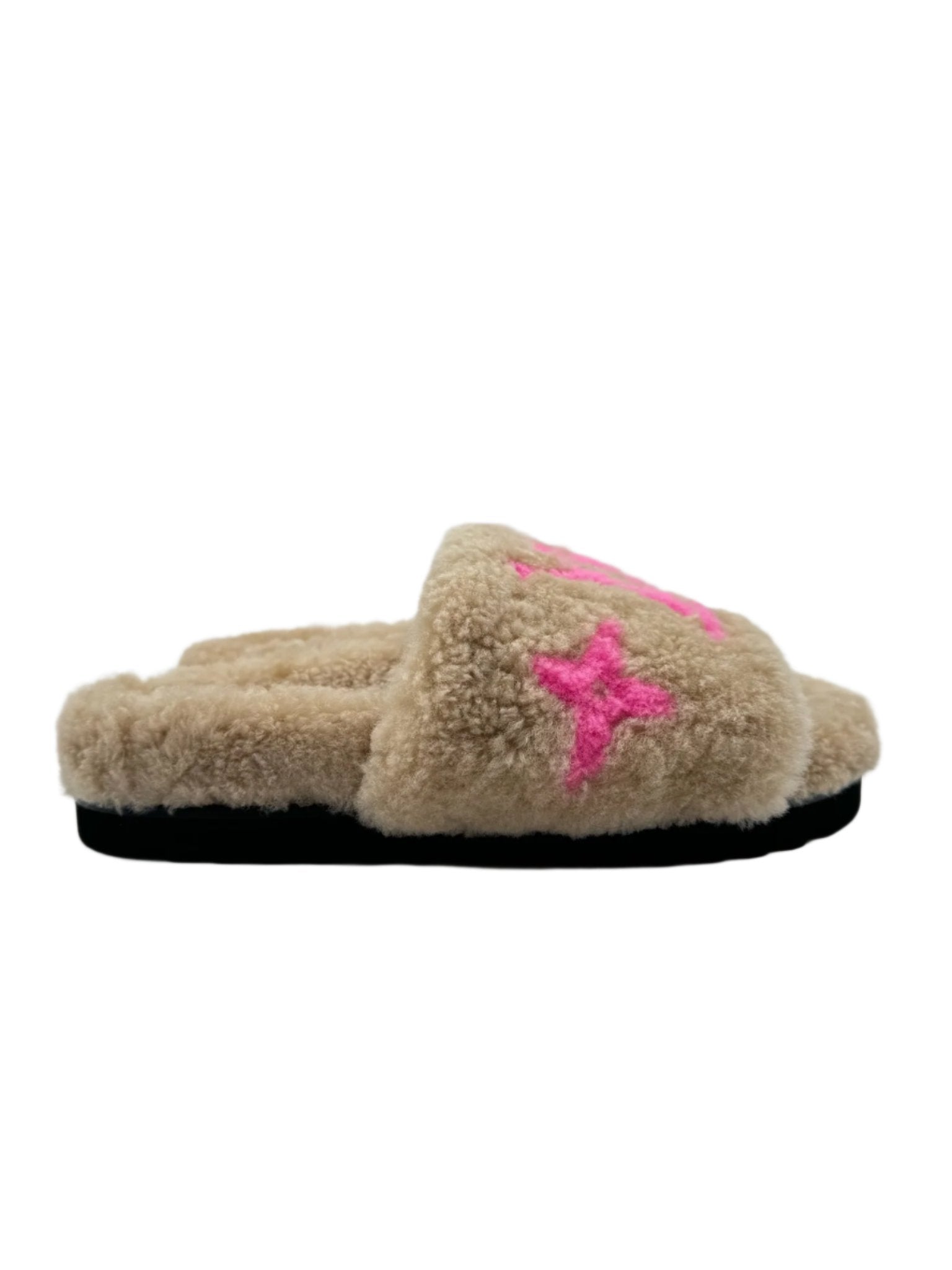 Louis Vuitton Shearling Cream and Pink LV Logo Slides Slippers - Size FR 37.5