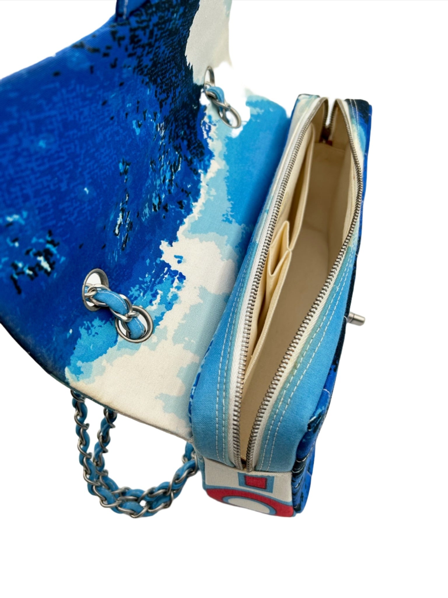 Chanel Blue with White Wave Canvas Flapbag with Red CC and Silver Hardware