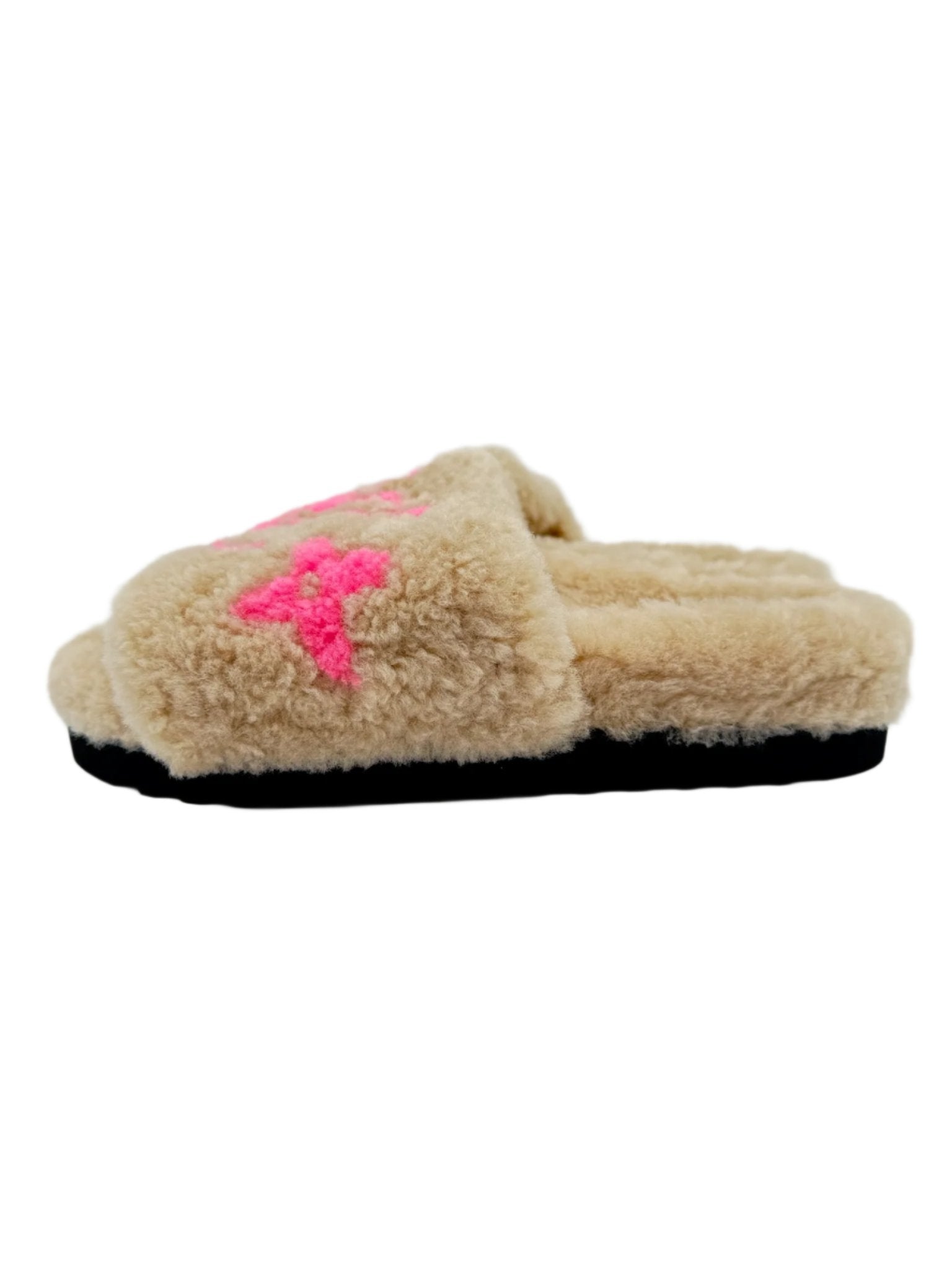Louis Vuitton Shearling Cream and Pink LV Logo Slides Slippers - Size FR 37.5