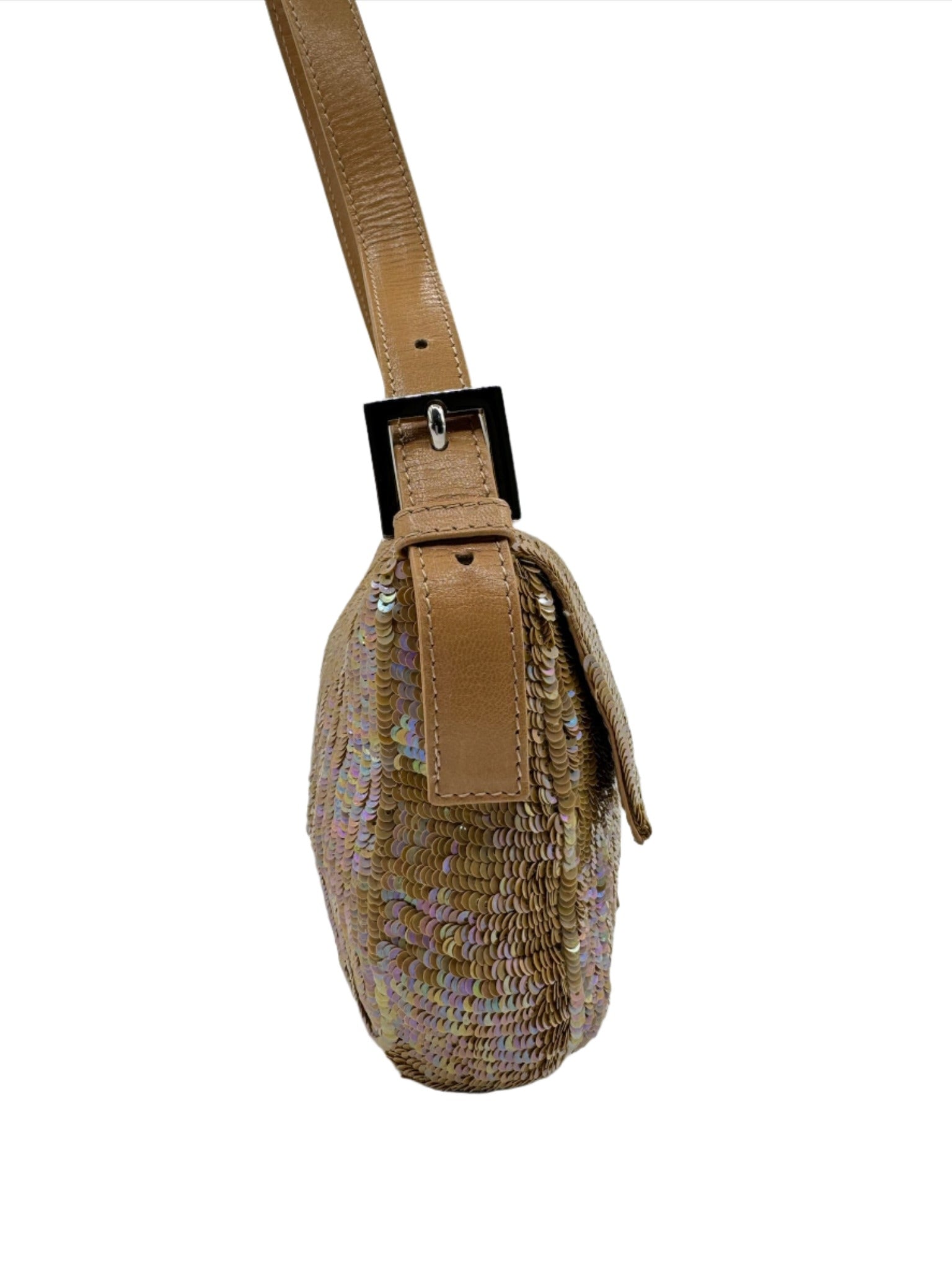 Fendi Nude Sequins Baguette with Light Brown Leather Strap and Silver Hardware