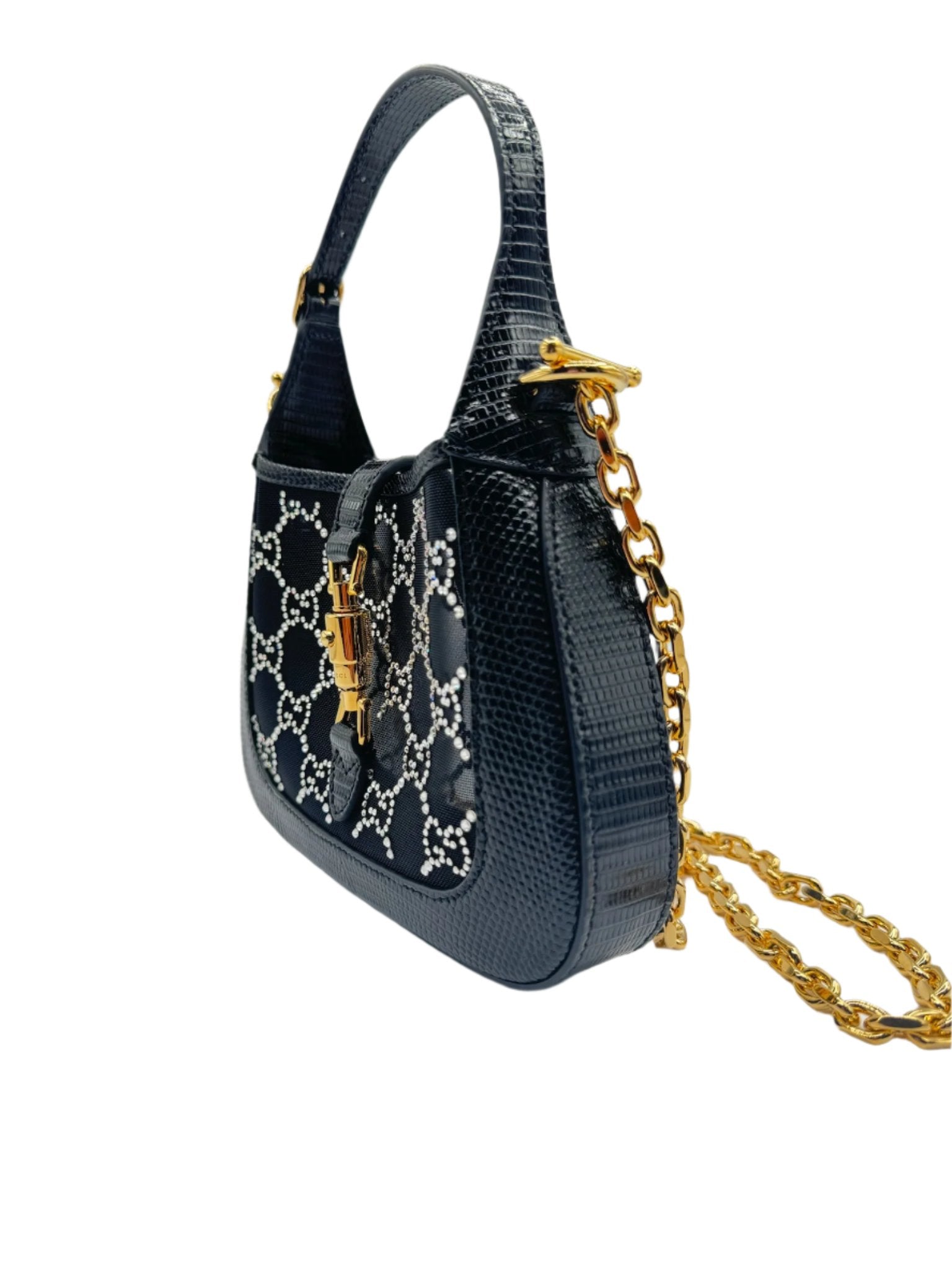 Gucci Mini Jackie Black Lizard Bag with GG Crystals