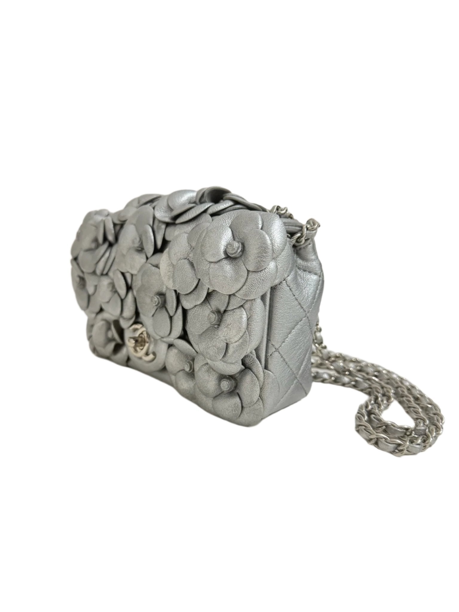 Chanel Silver Camellia Mini Flapbag