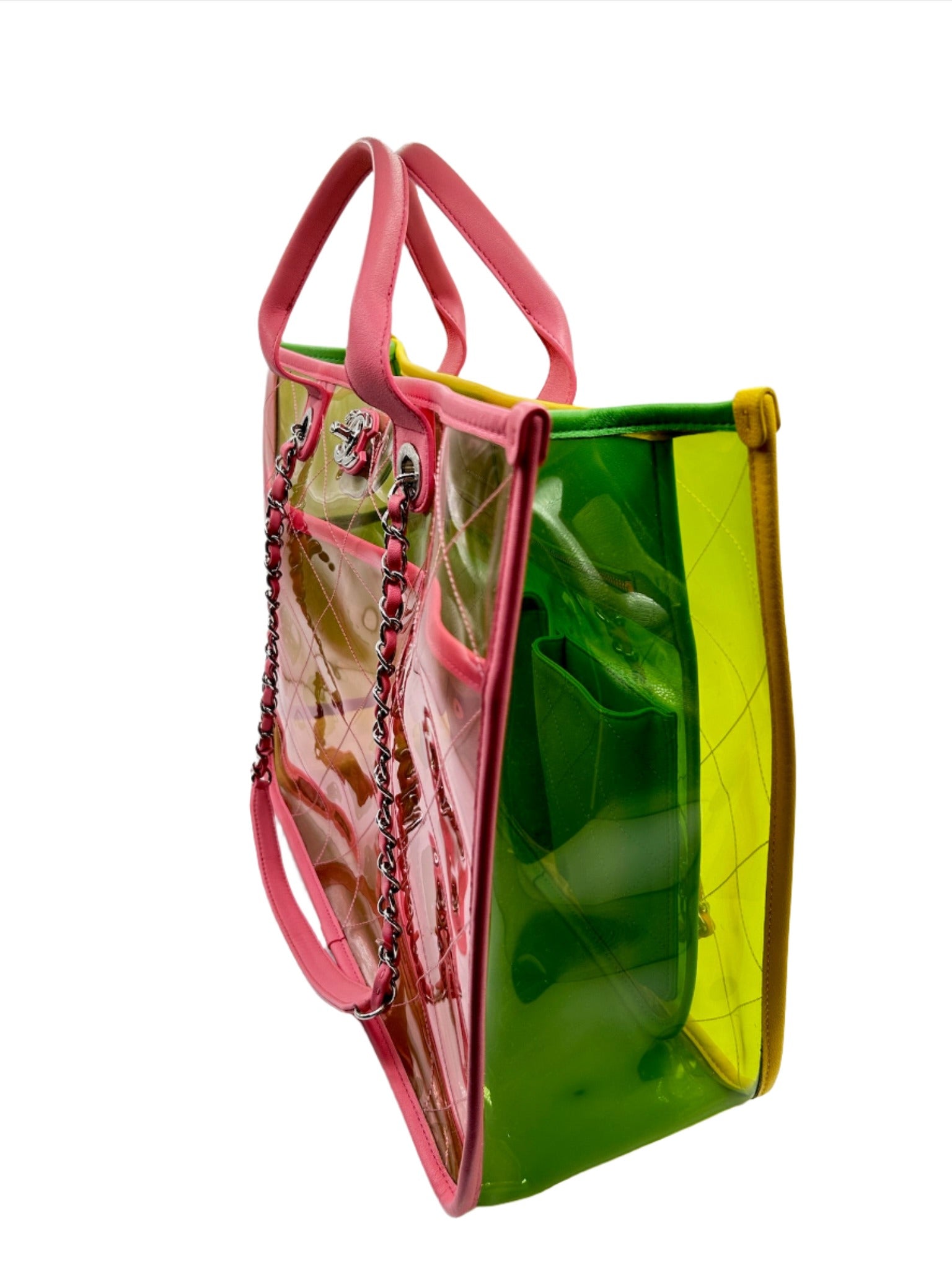 Chanel Coco Splash Yellow, Pink and Green Colorful PVC Transparent Medium Size Tote Bag with Lambskin Leather and Silver Hardware