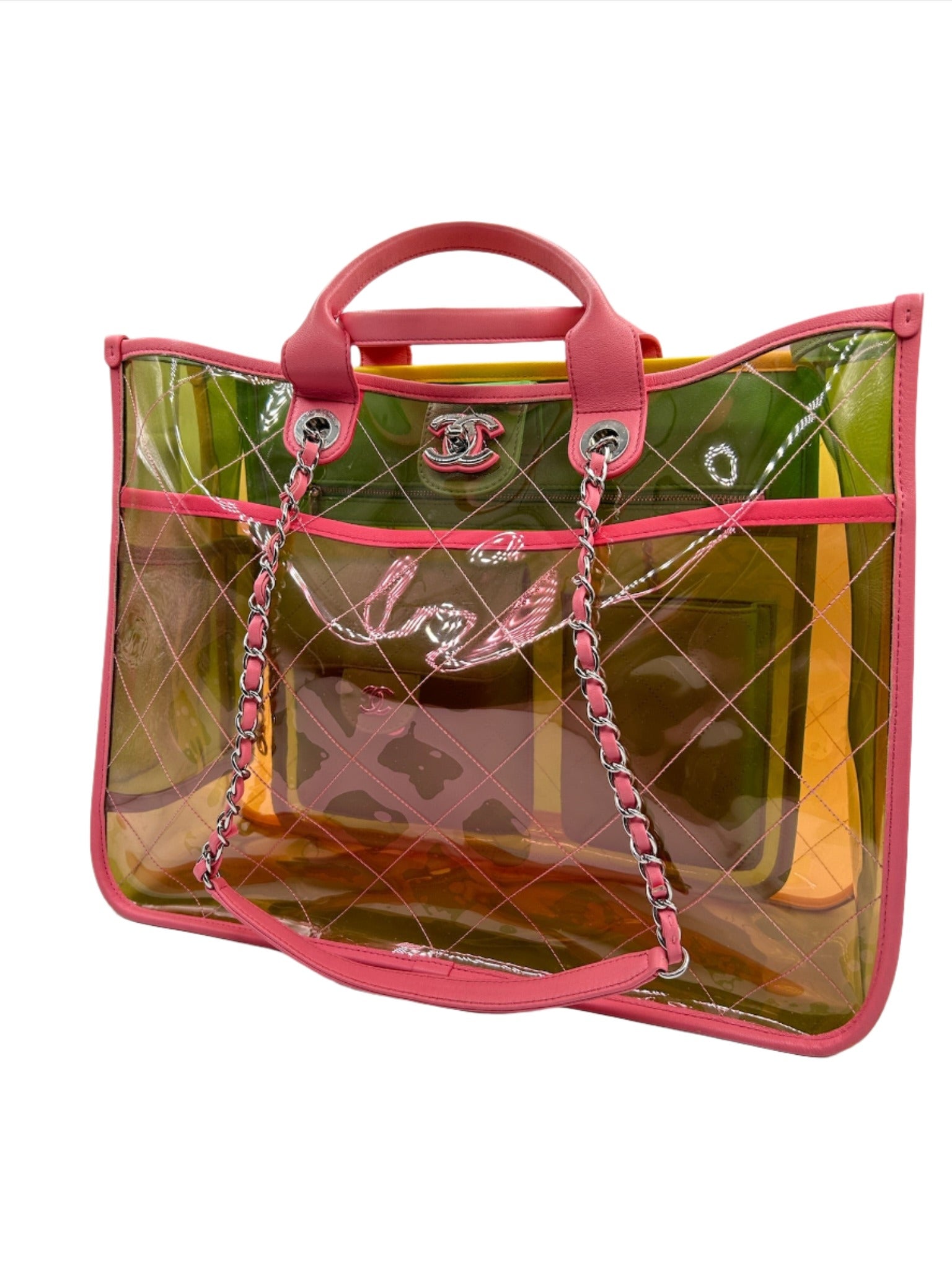 Chanel Coco Splash Yellow, Pink and Green Colorful PVC Transparent Medium Size Tote Bag with Lambskin Leather and Silver Hardware