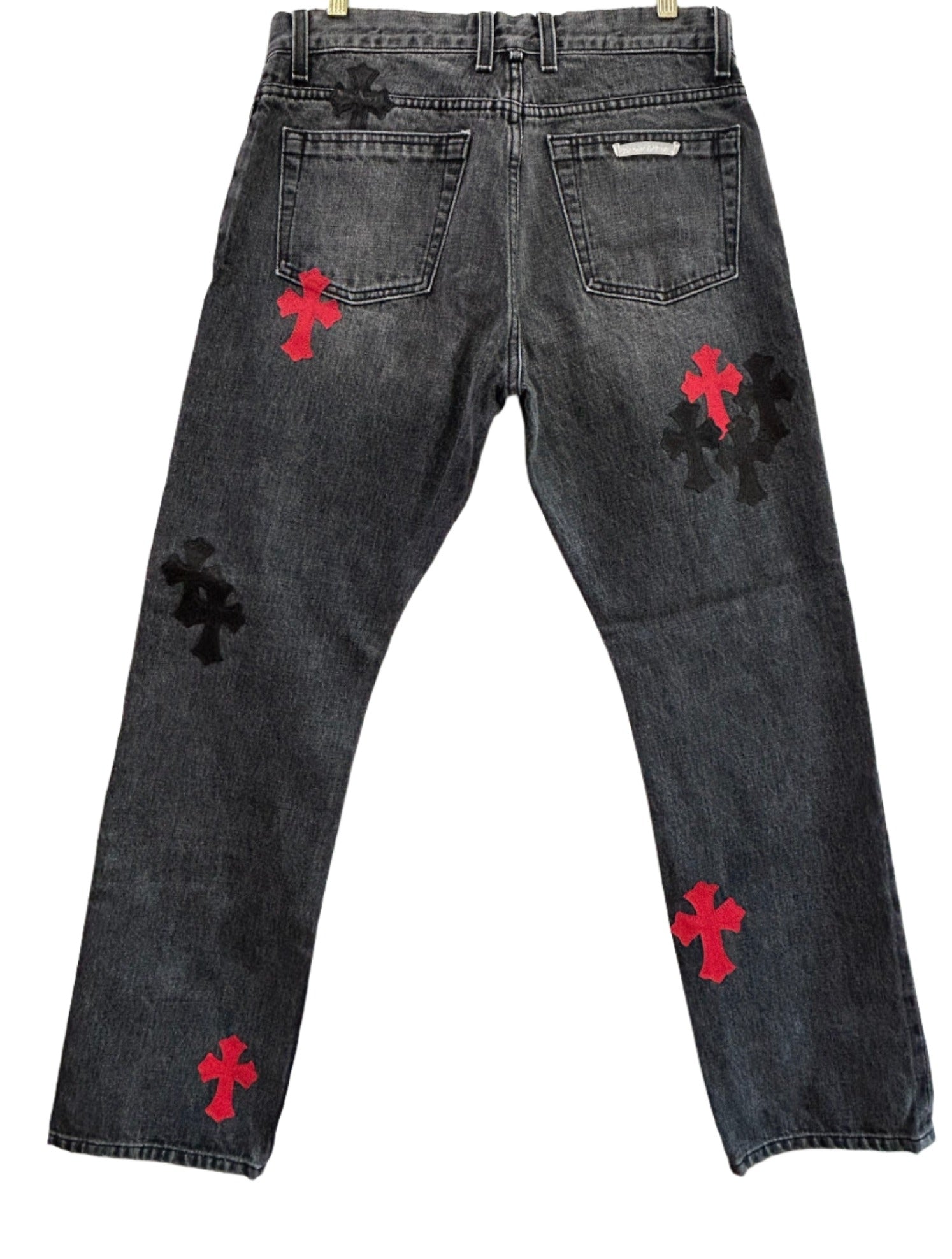 Chrome Hearts Black Jeans Red and Black Cross Leather Patches