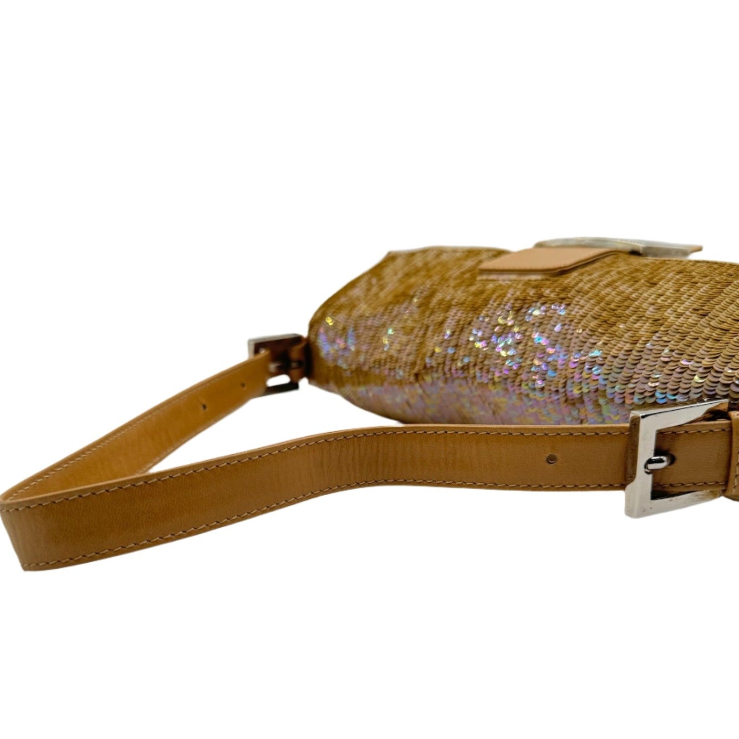 Fendi Nude Sequins Baguette with Light Brown Leather Strap and Silver Hardware