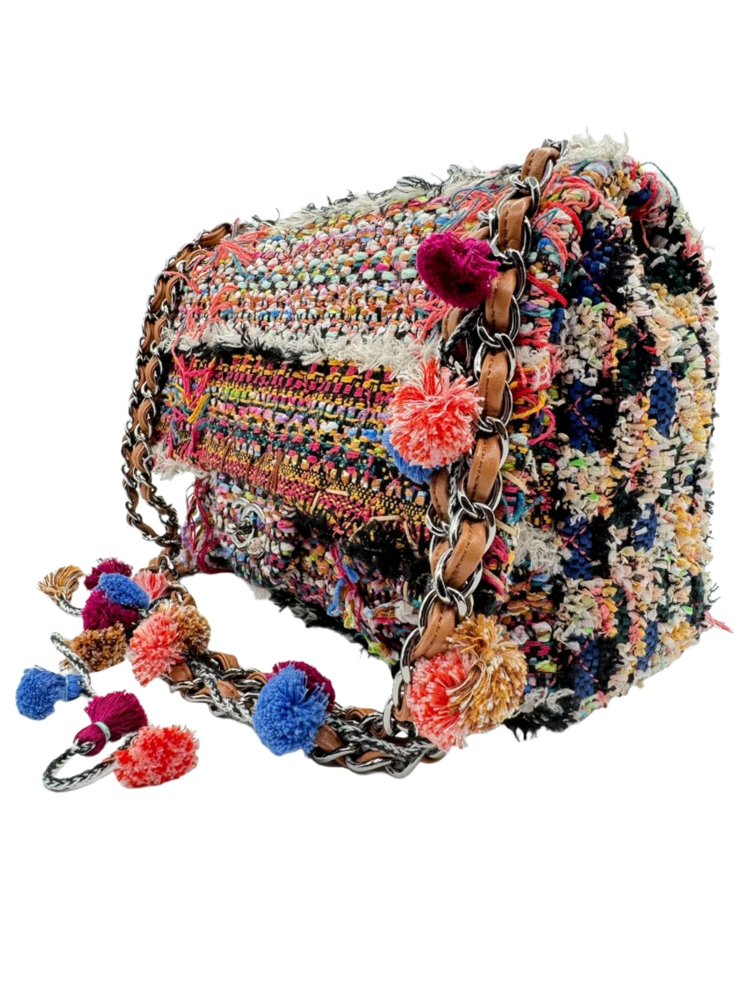 Chanel Multicolor Colorful Quilted Tweed Paris-Dubai Pom-Pom Embellished Large Flapbag with Ruthenium Hardware