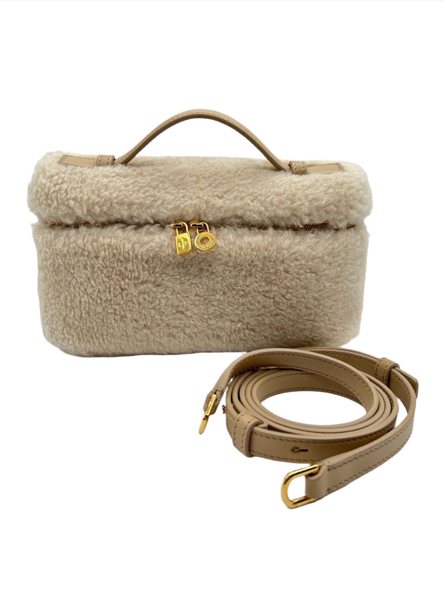 Loro Piana Ivory Cashfur L19 Pouch with Gold Hardware and Detachable Leather Strap