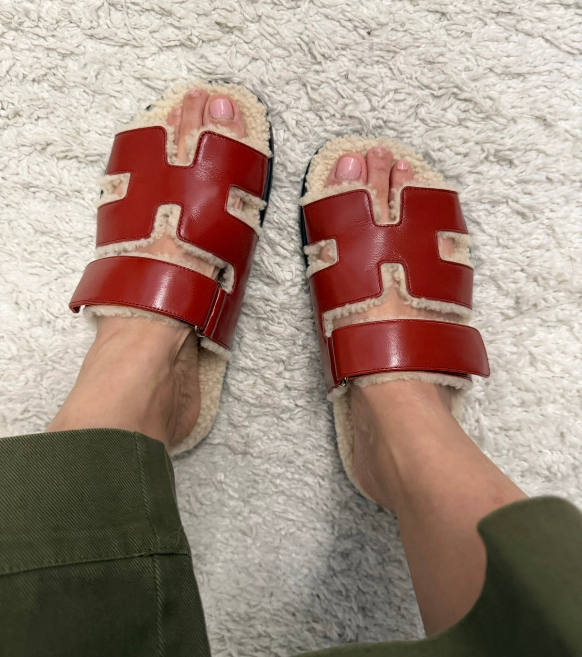 Hermès Rouge Sanguine and Ivory Shearling Chypre Sandals